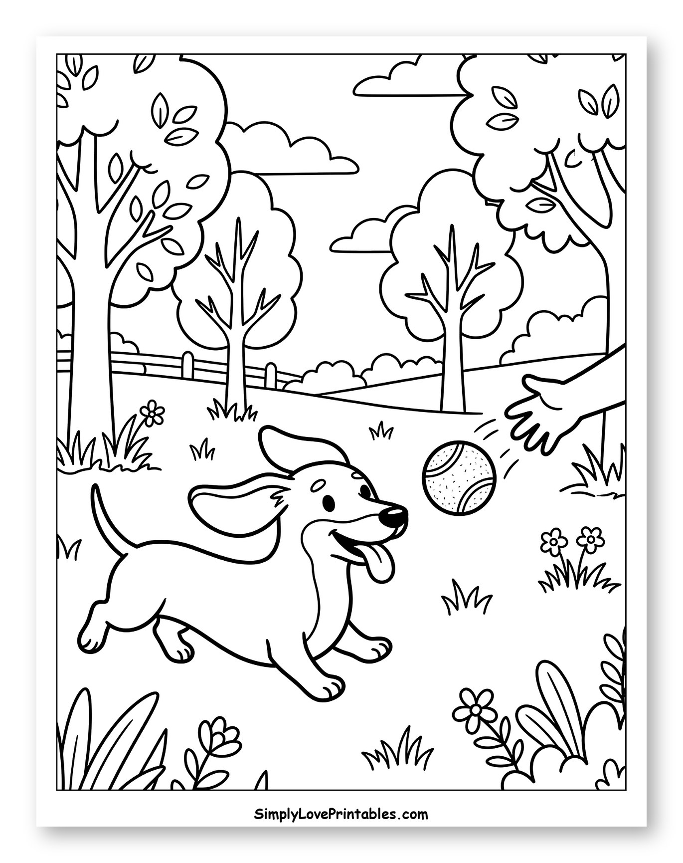 Happy Dachshund Chasing Ball in Park Coloring Sheet for Kids