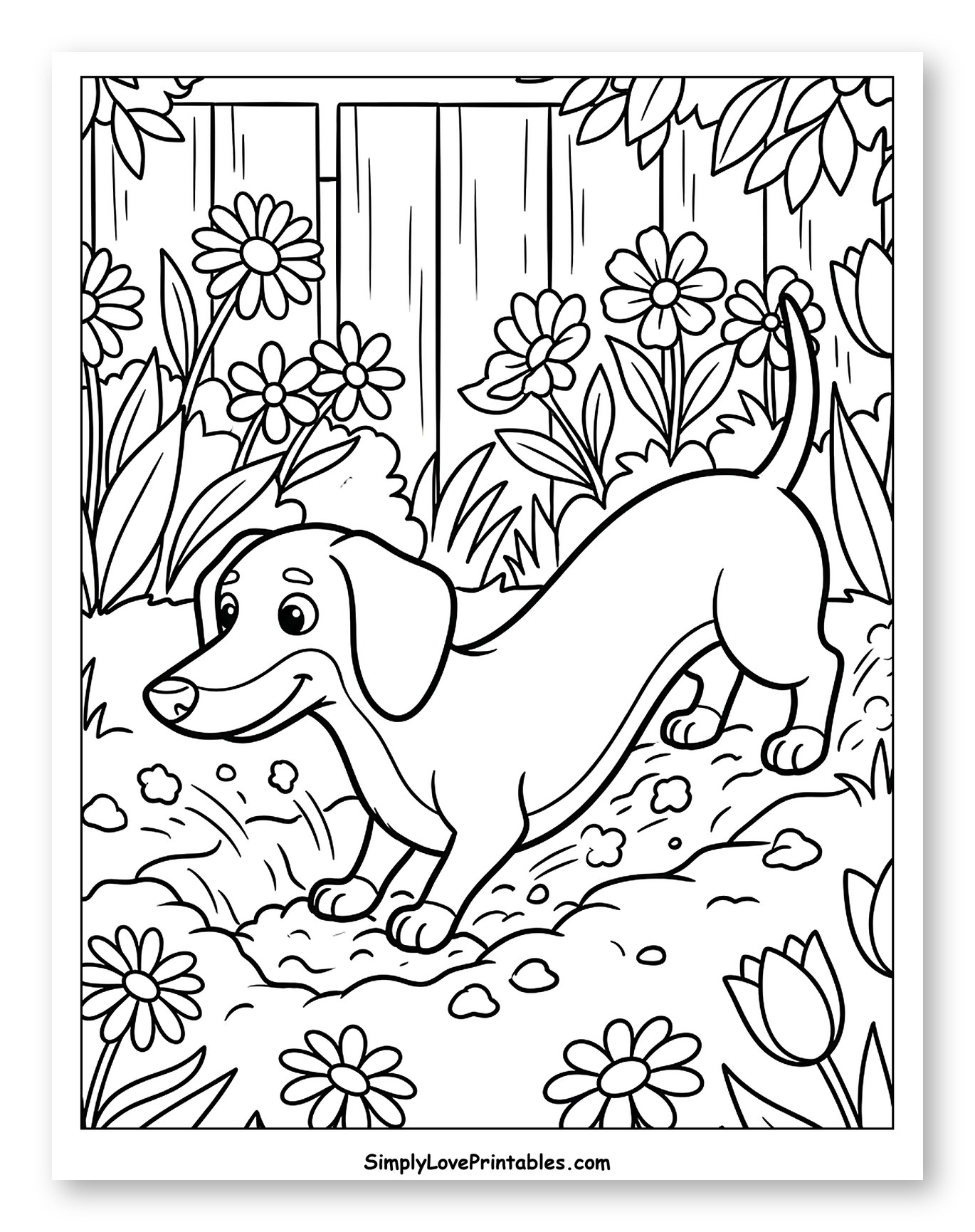 Happy Dachshund Digging in a Flower Garden