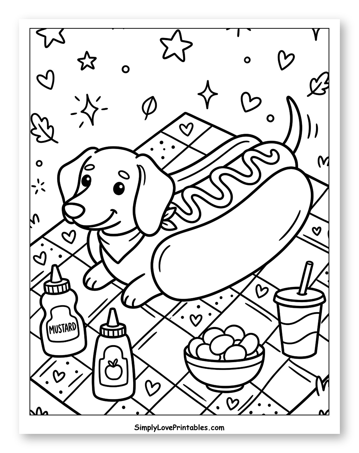 Happy Dachshund Picnic with Hot Dog and Snacks to Color for Adults