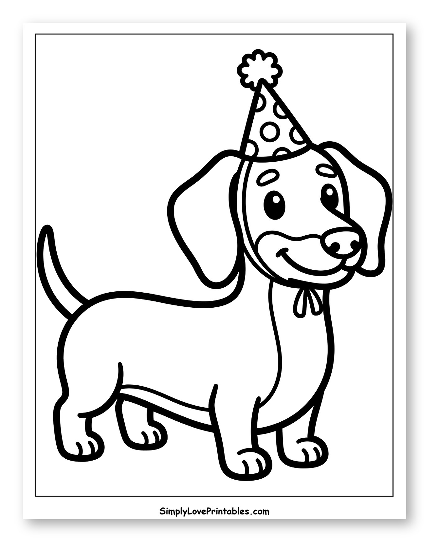 Happy Dachshund Puppy Wearing Party Hat Coloring Page for Toddlers
