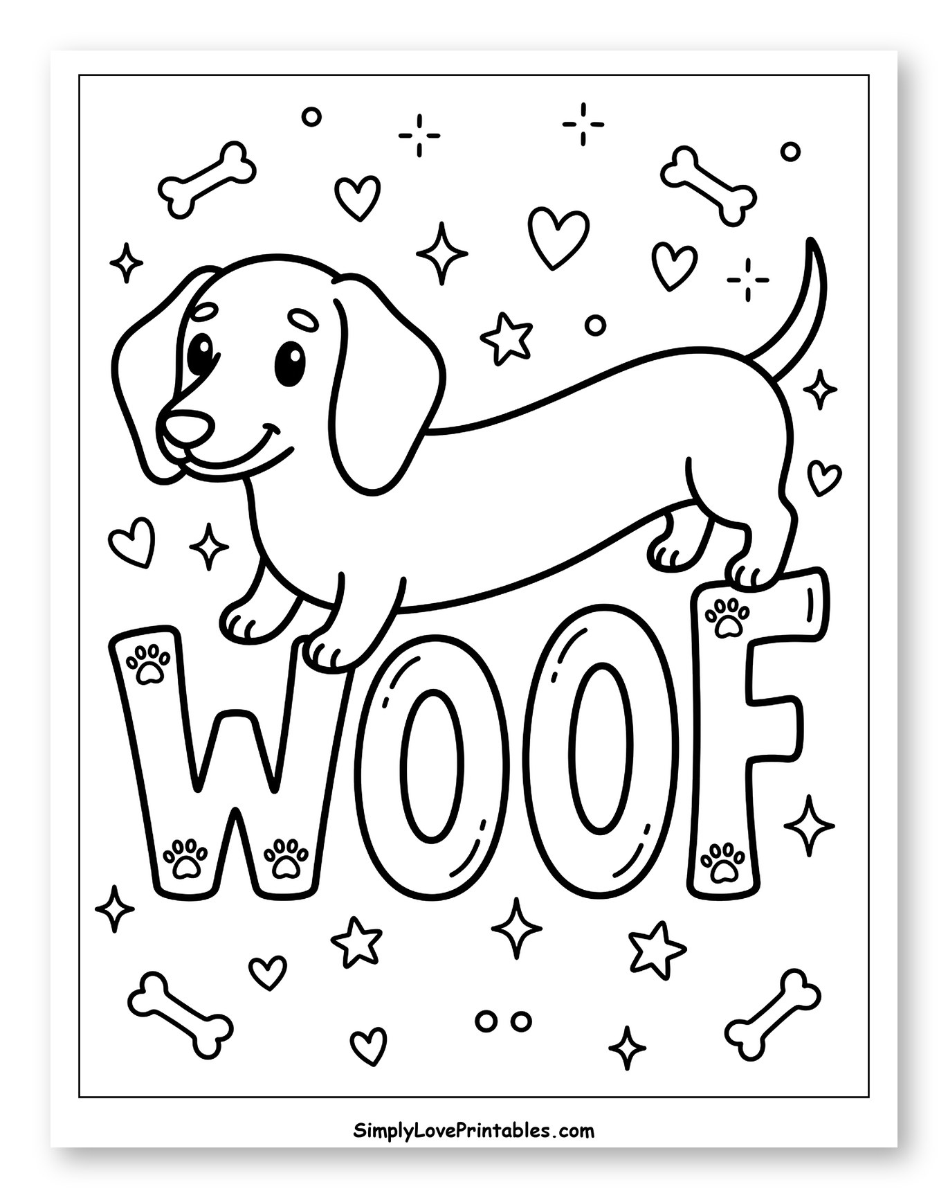 Happy Dachshund Puppy with Woof Lettering Coloring Sheet for Adults