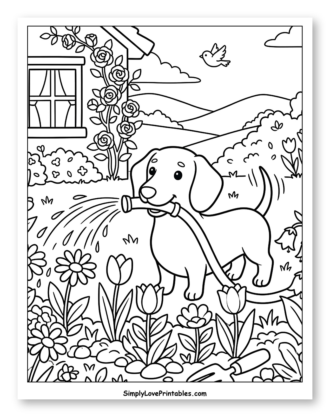 Happy Dachshund Watering a Flower Garden