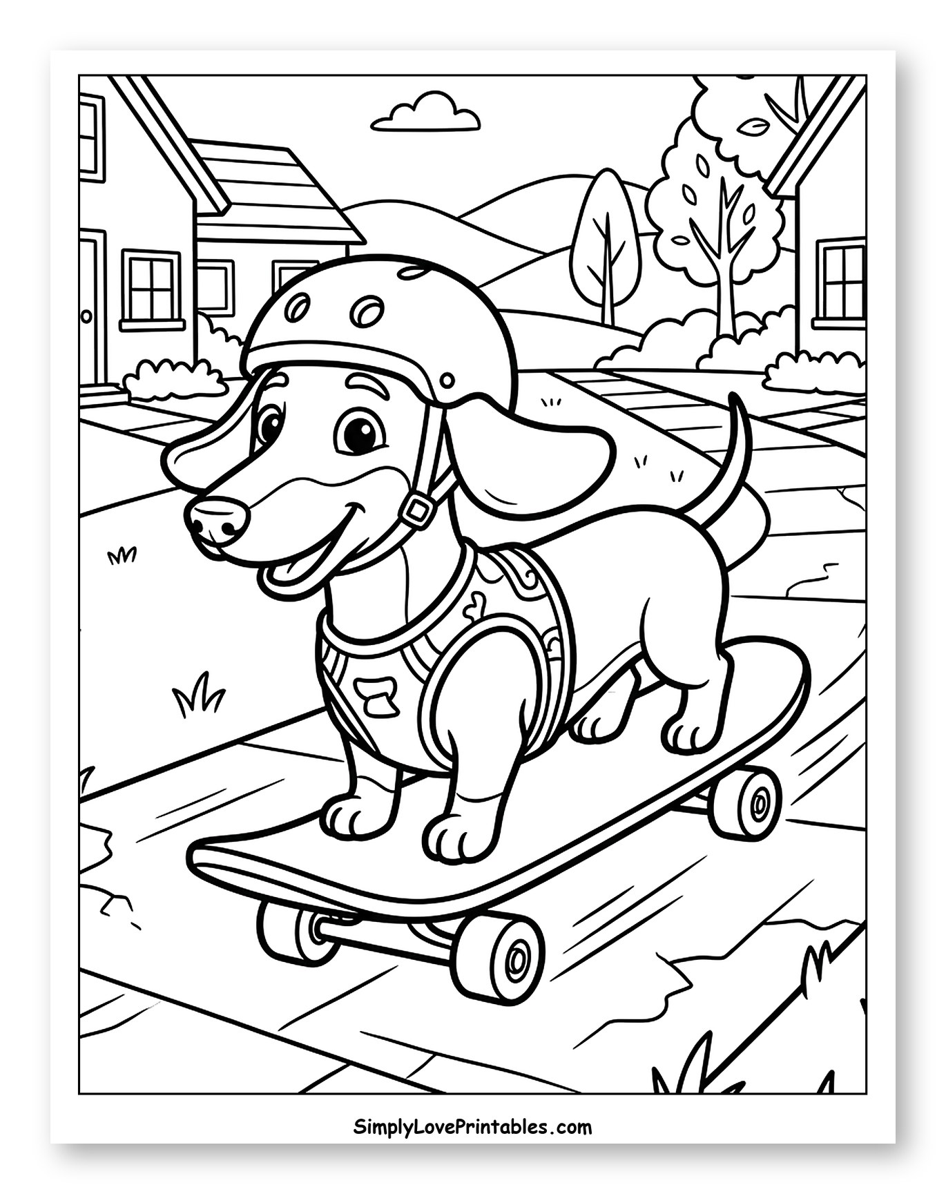 Happy Dachshund Wearing Helmet Skateboarding to Color for Kids