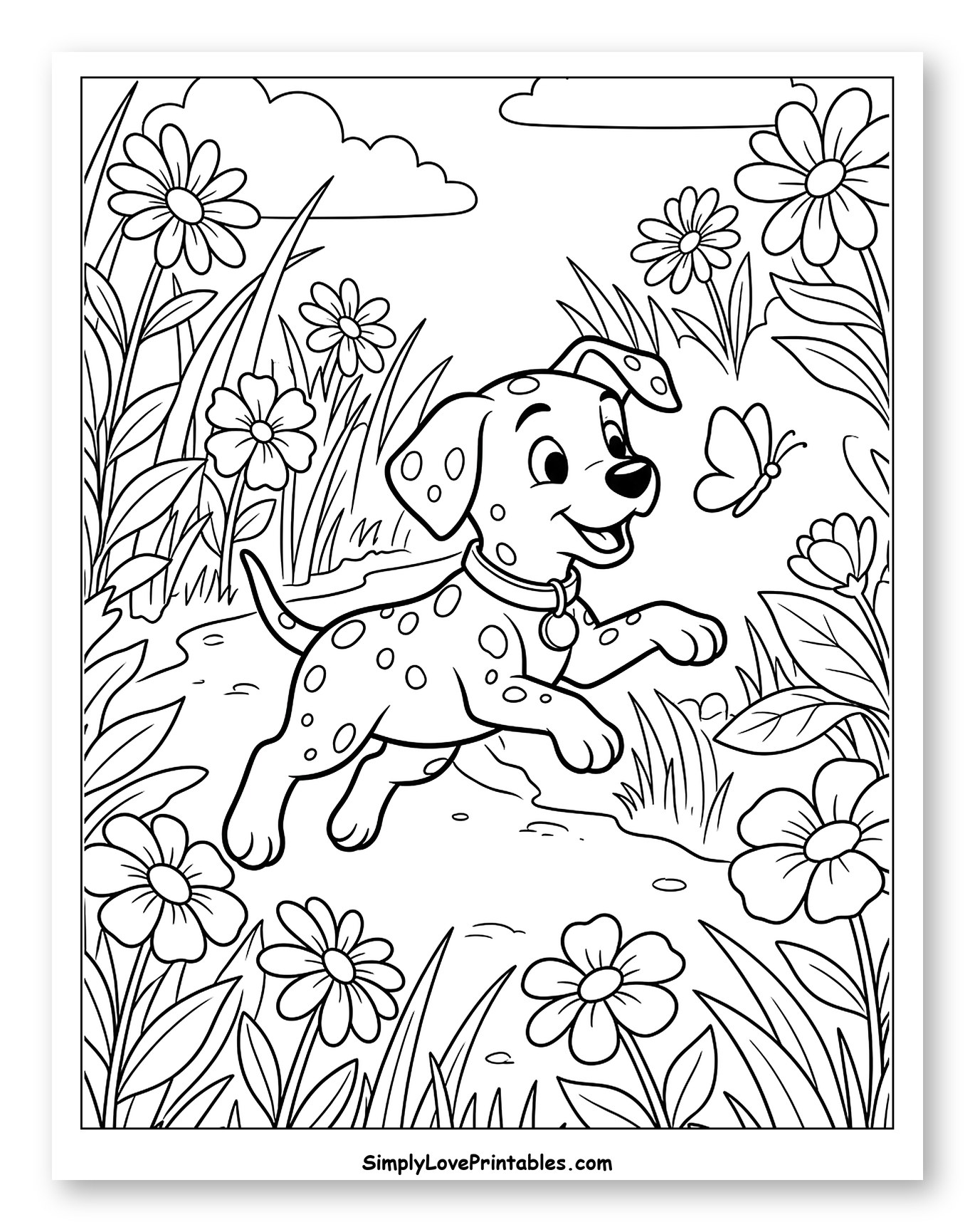 Happy Dalmatian Puppy Chasing Butterfly in a Field Coloring Page for Kids