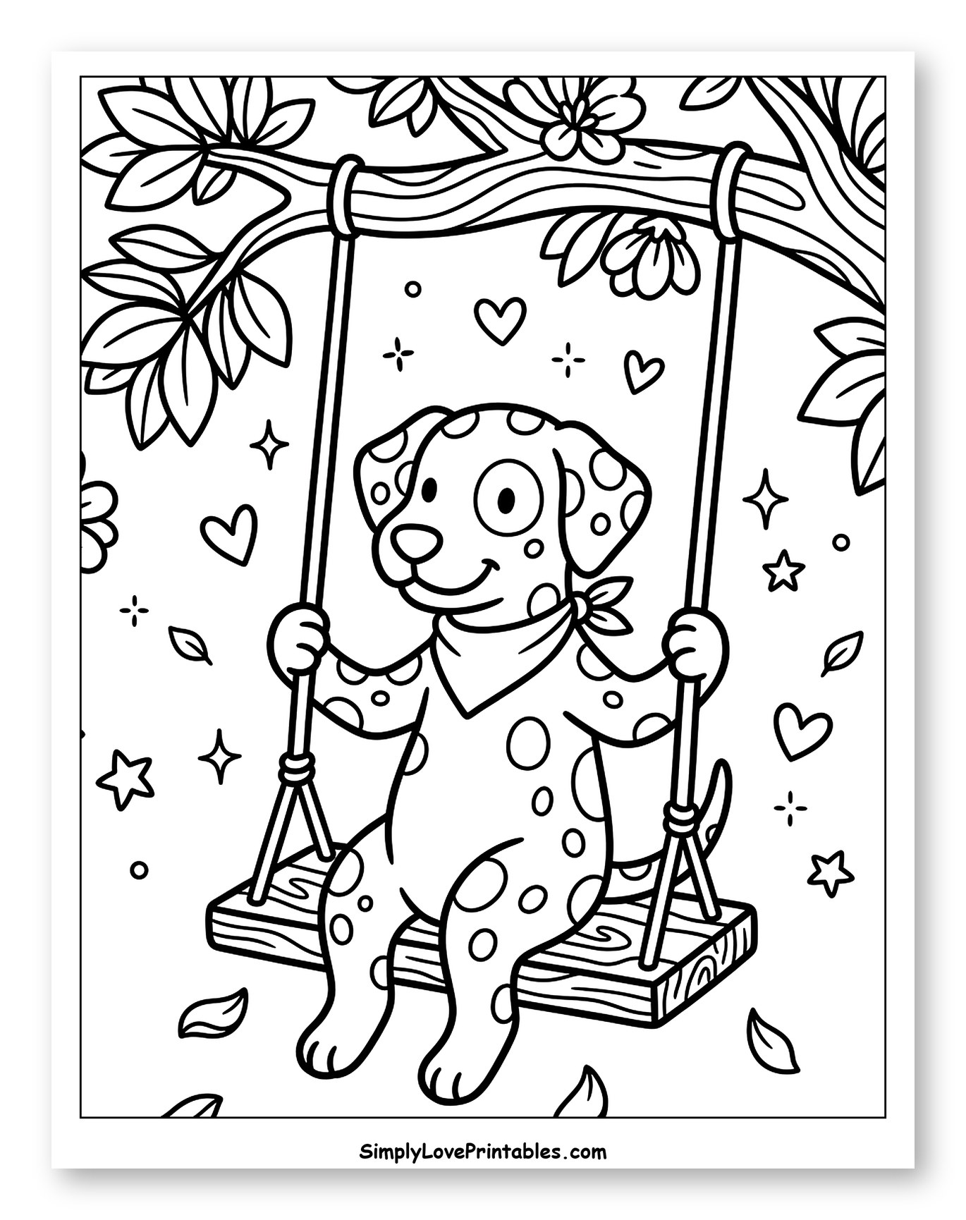 Happy Dalmatian Puppy Swinging Under a Tree Coloring Sheet for Adults