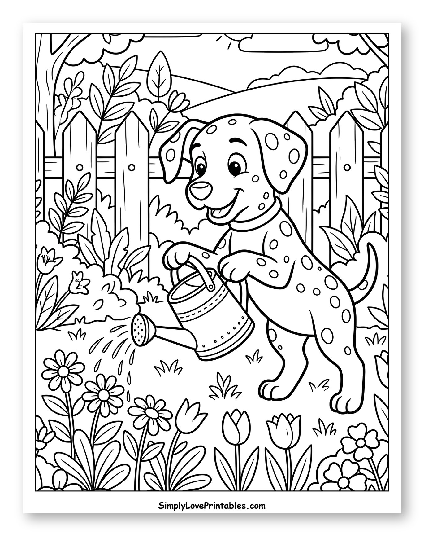 Happy Dalmatian Puppy Watering Garden Flowers