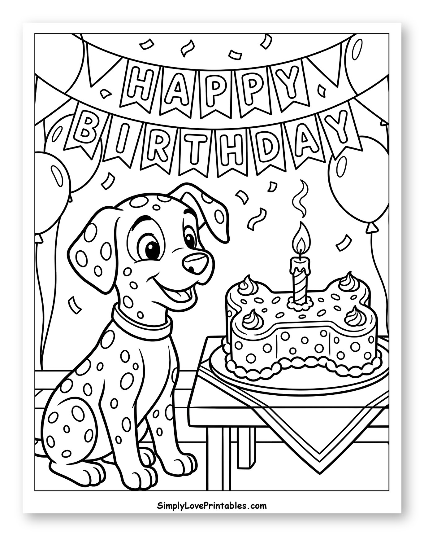 Happy Dalmatian's Birthday with Bone Cake to Color for Kids