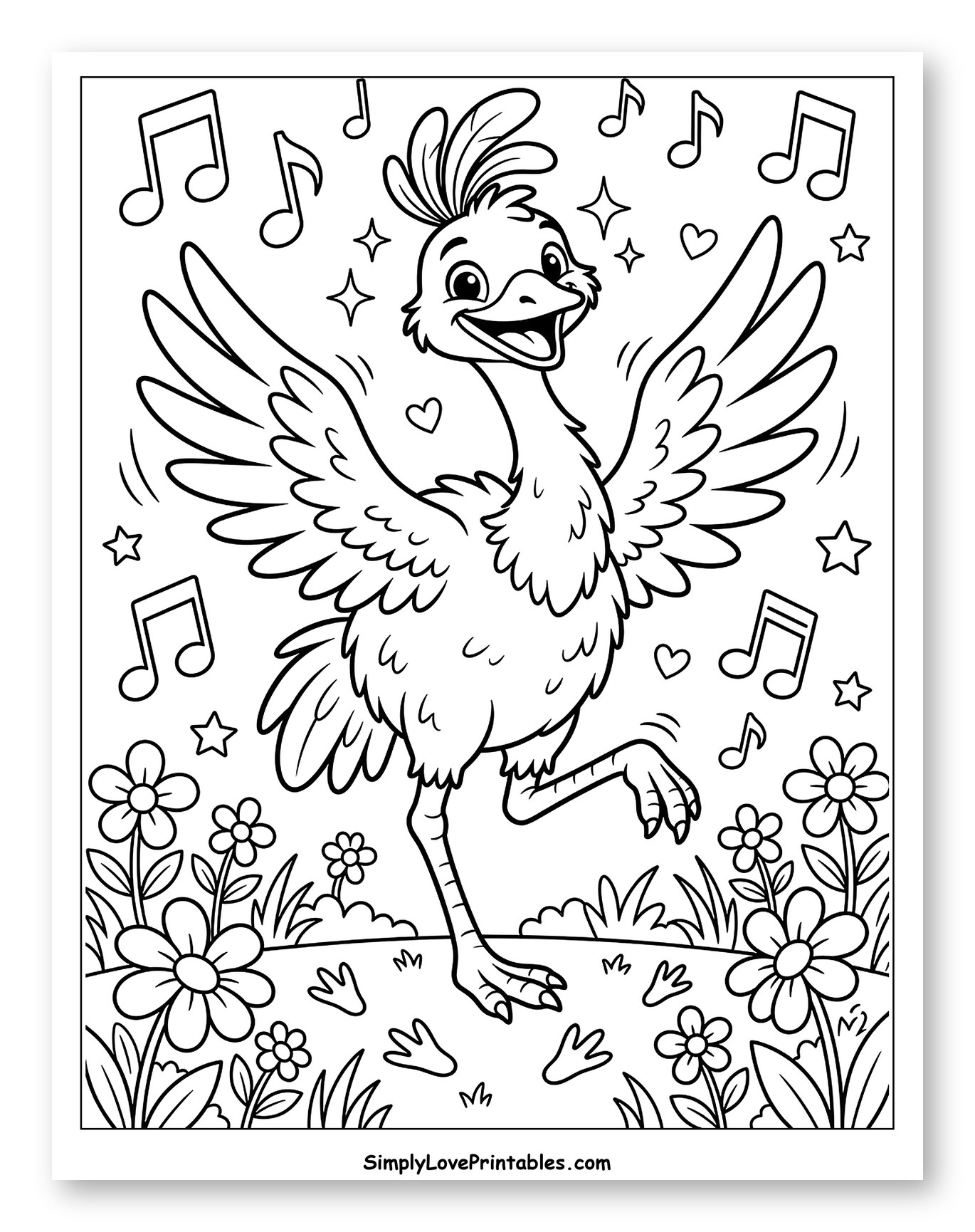 Happy Dancing Emu with Music Notes and Flowers