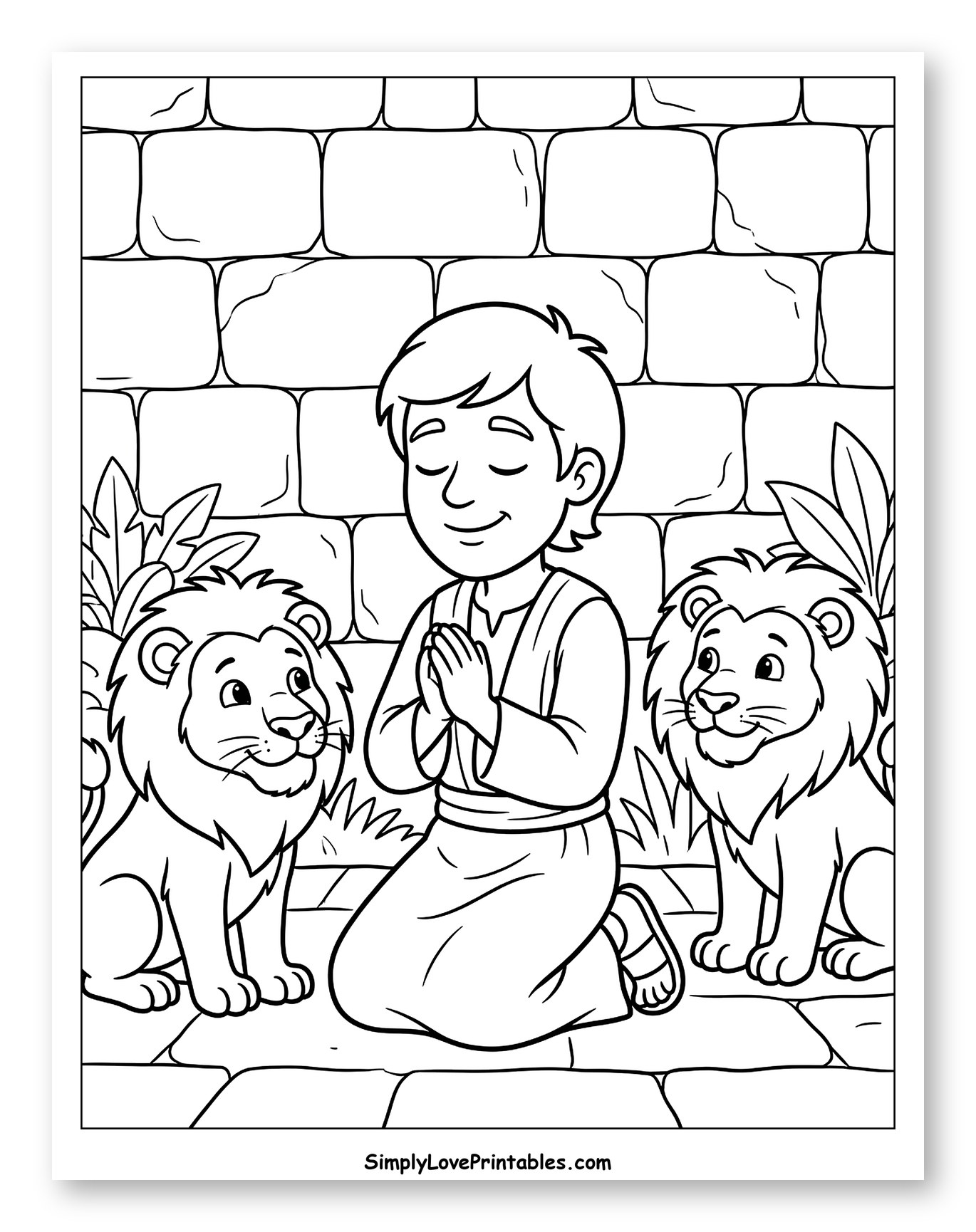 Happy Daniel Praying in the Den Coloring Sheet for Kids