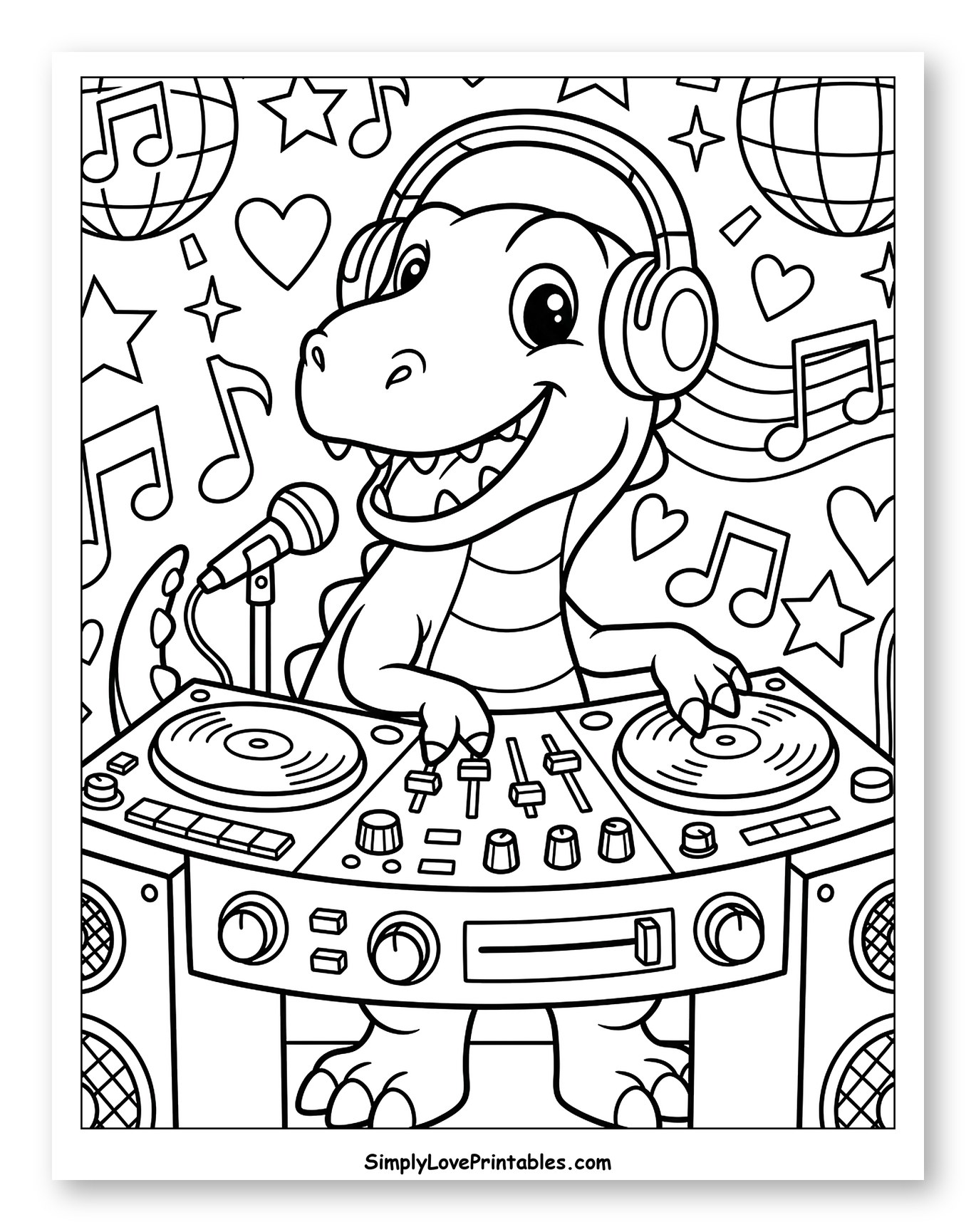 Happy Dino DJ Wearing Headphones