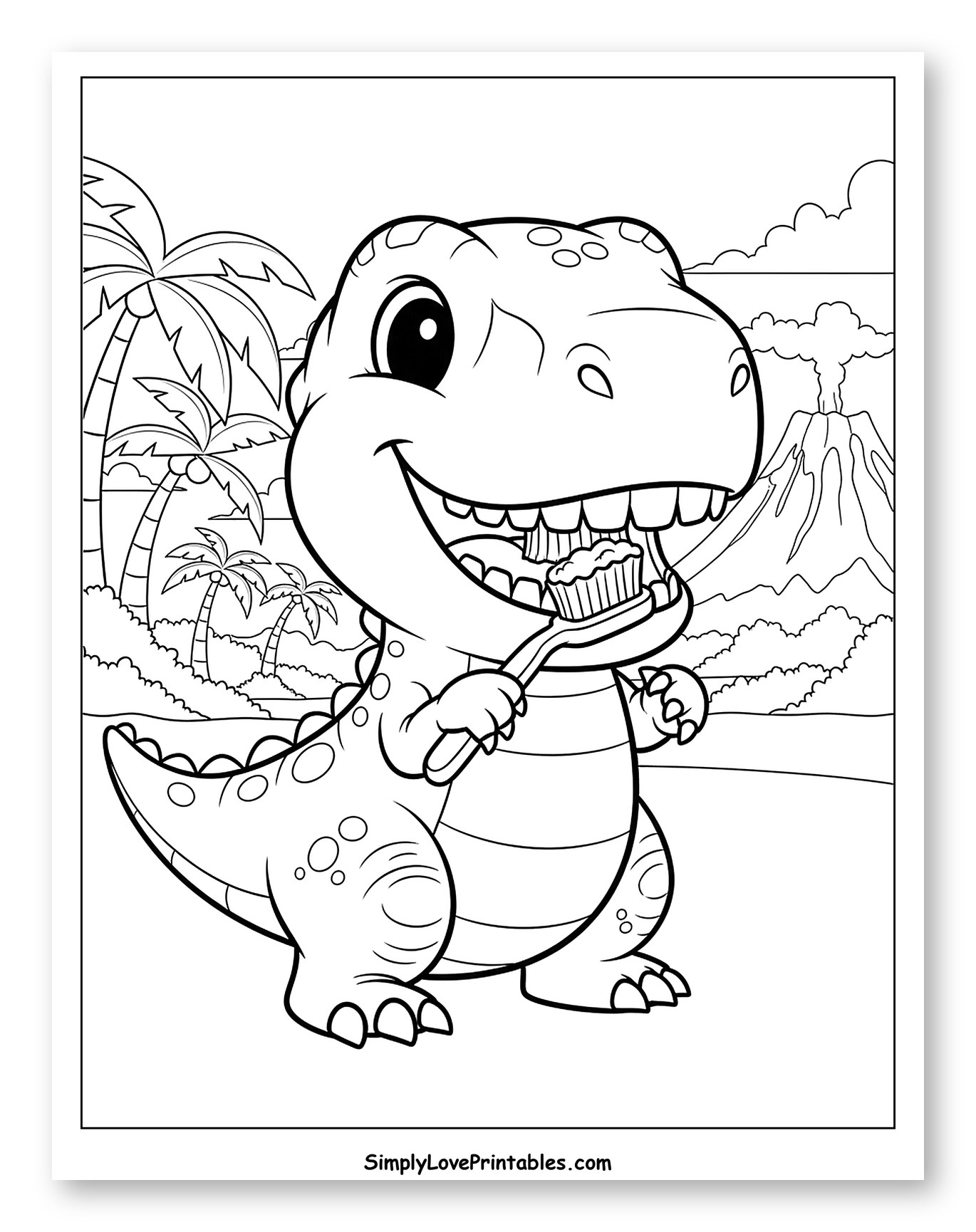 Happy Dinosaur Brushing Teeth with Volcano Background