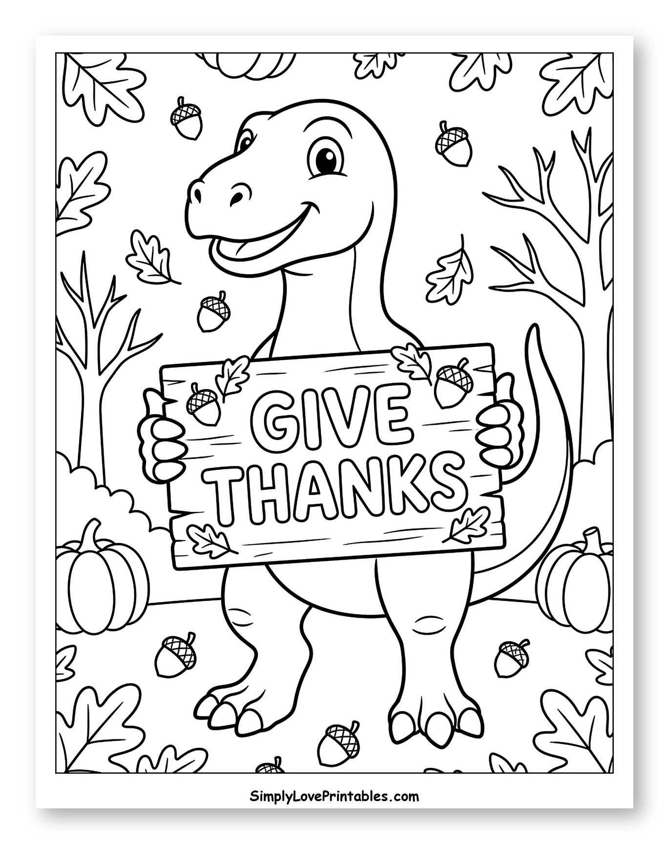 Happy Dinosaur Holding a Give Thanks Sign to Color for Kids