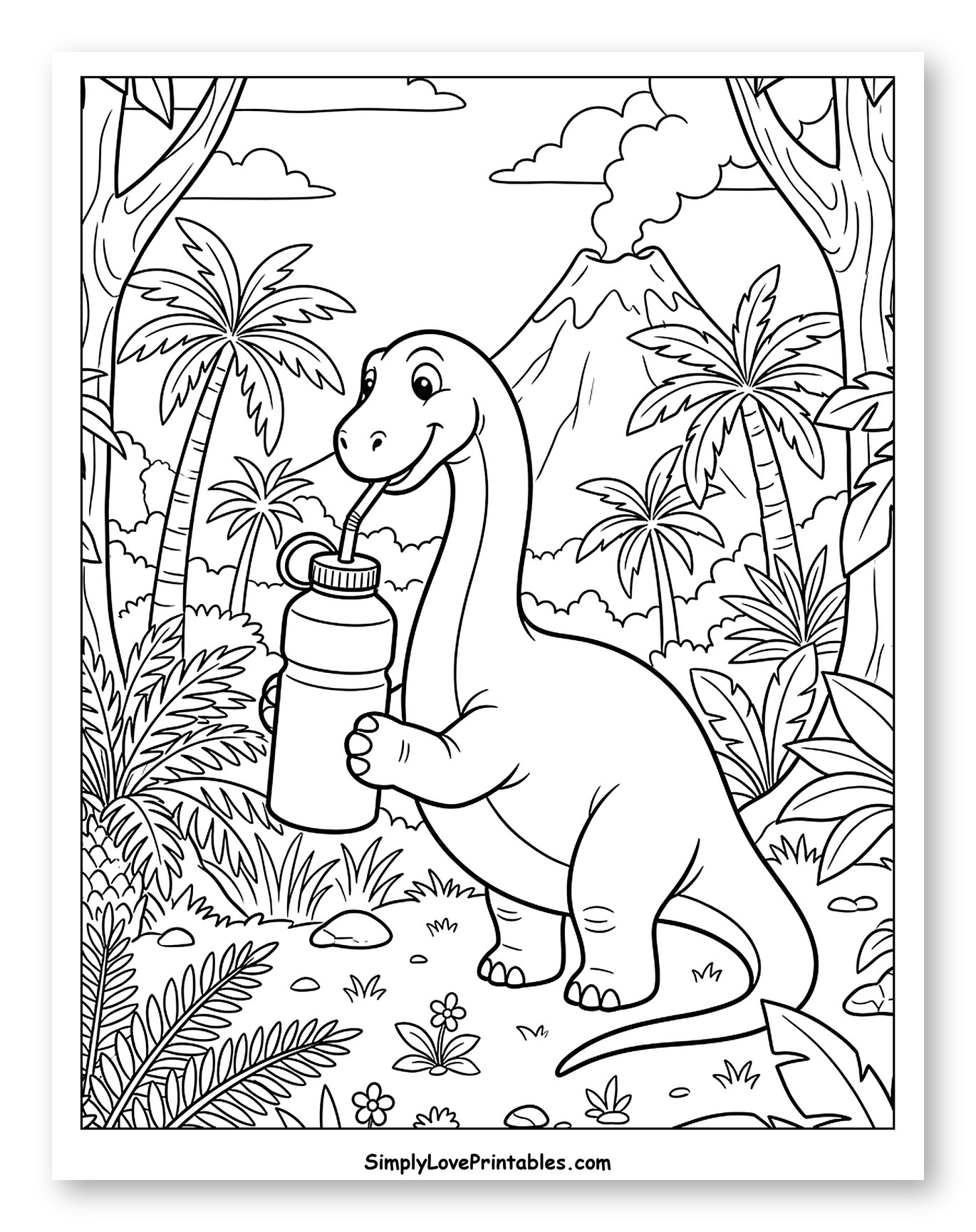 Happy Dinosaur Hydrating in a Tropical Jungle