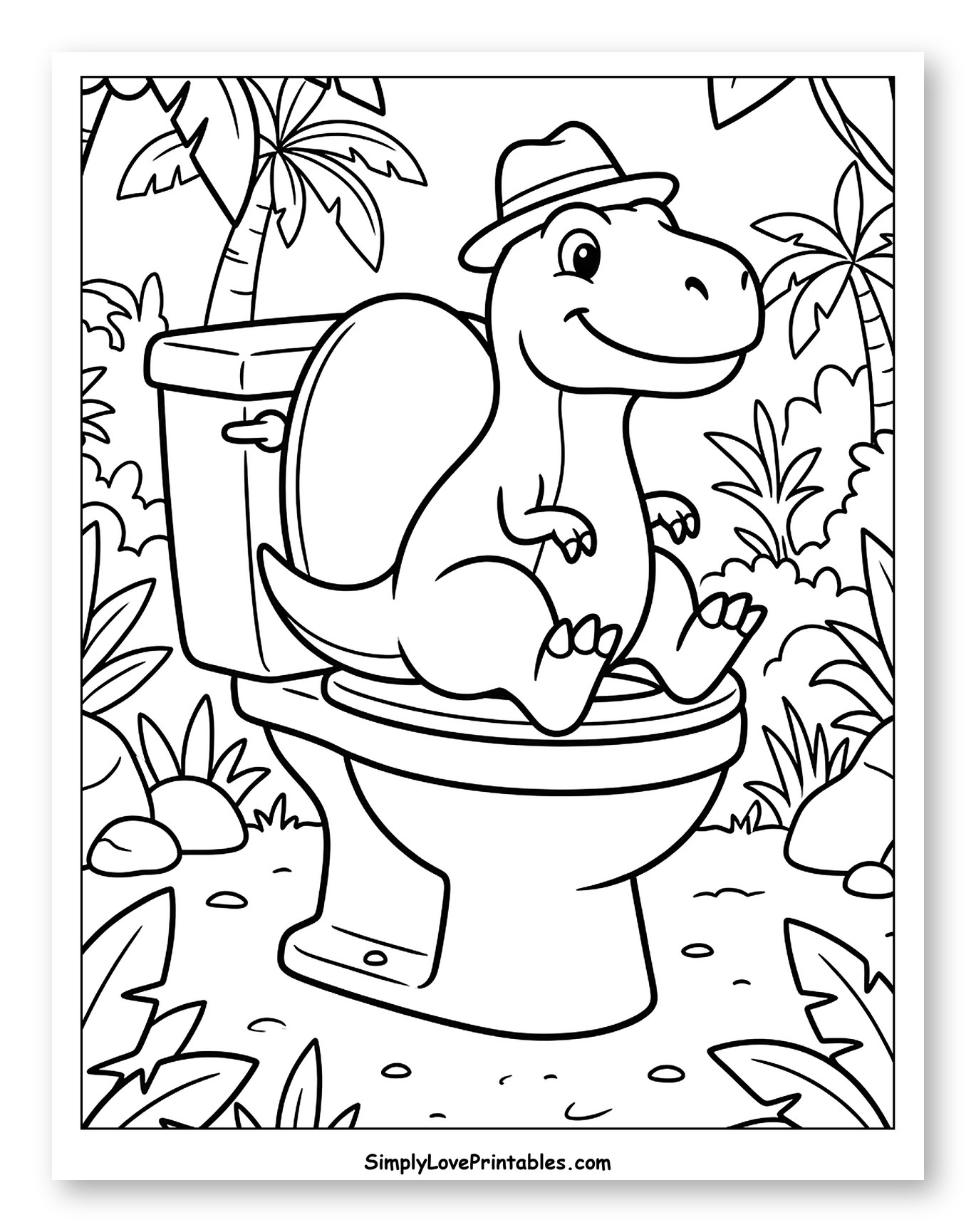 Happy Dinosaur on Toilet with Hat in Jungle