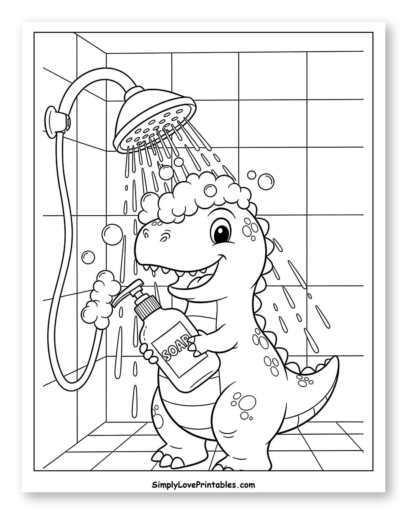 Happy Dinosaur Showering with Soap Coloring Page for Kids