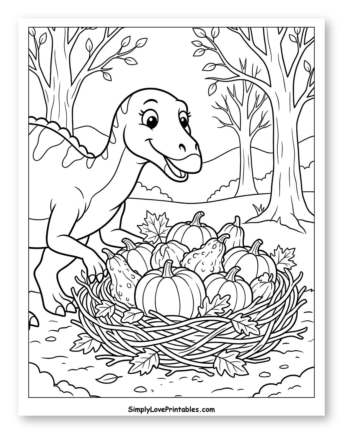 Happy Dinosaur with Autumn Pumpkin Nest to Color for Kids