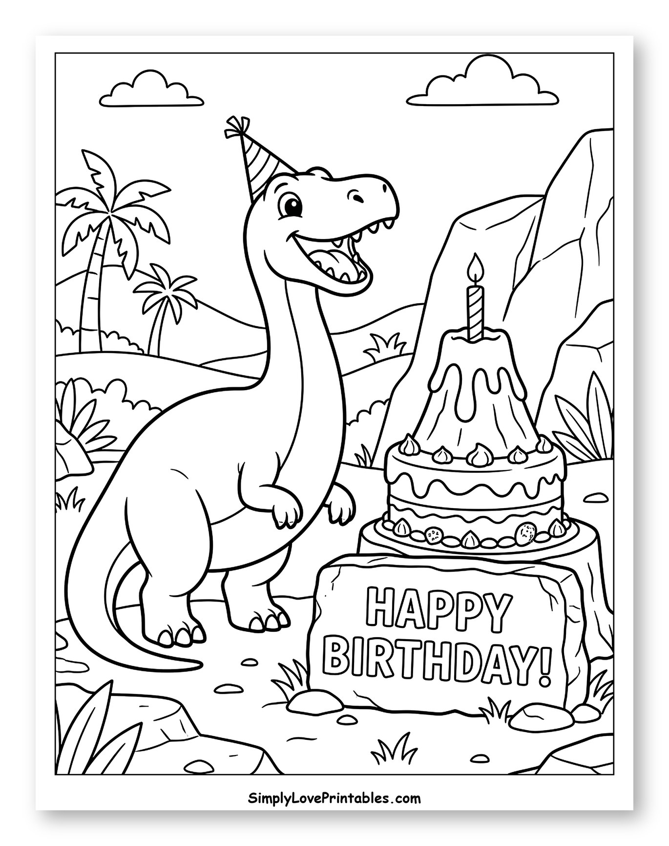 Happy Dinosaur with Birthday Cake to Color for Kids