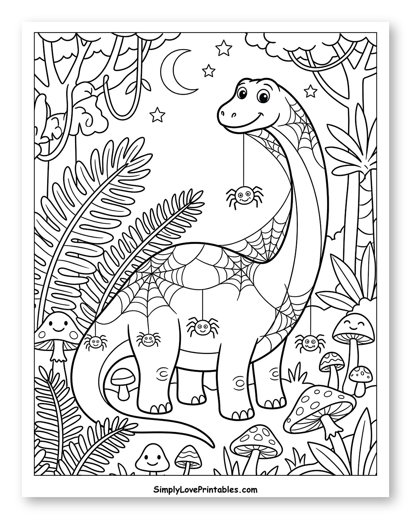 Happy Dinosaur with Halloween Spiders in Jungle