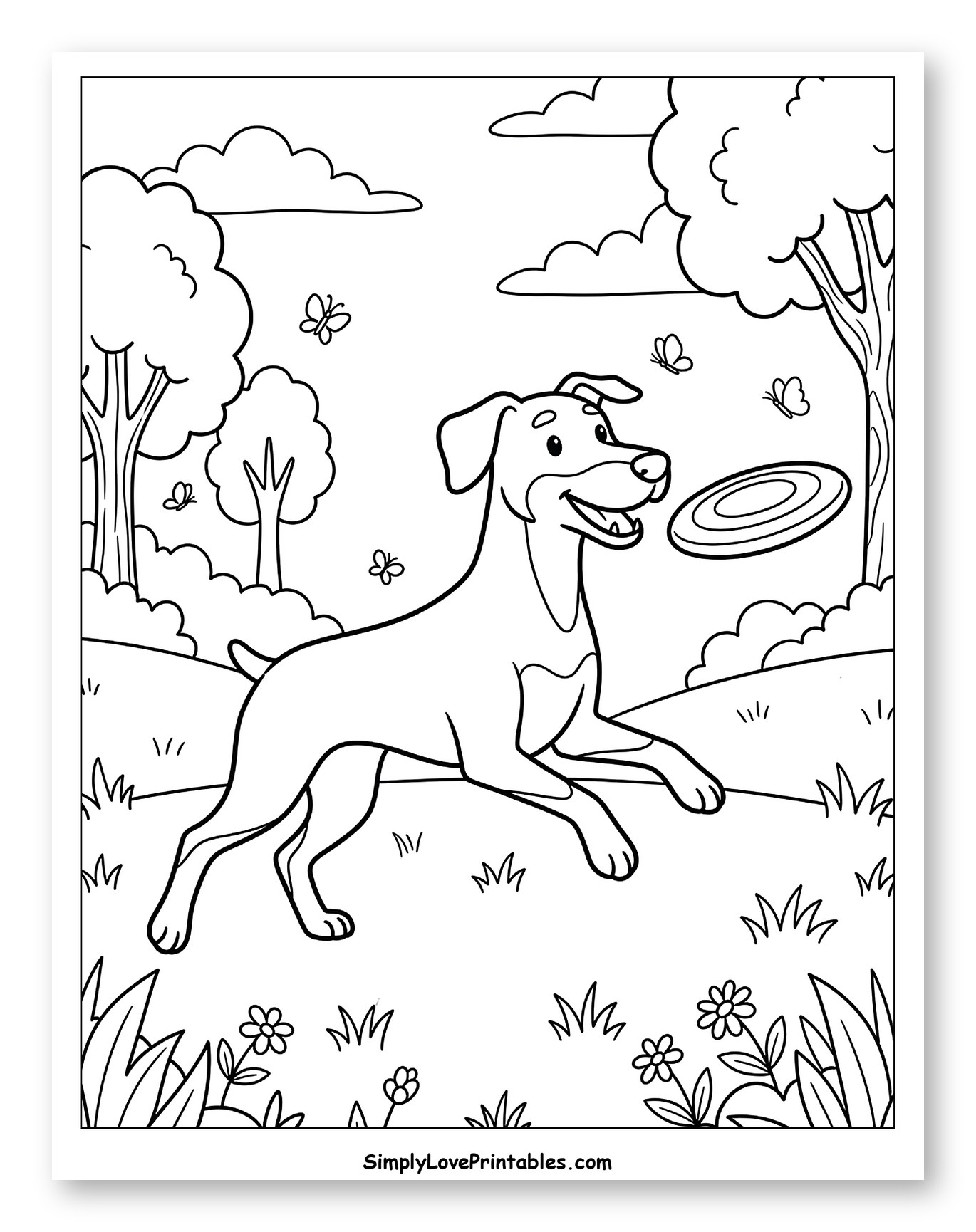 Happy Doberman Playing Frisbee in Park Coloring Page for Kids