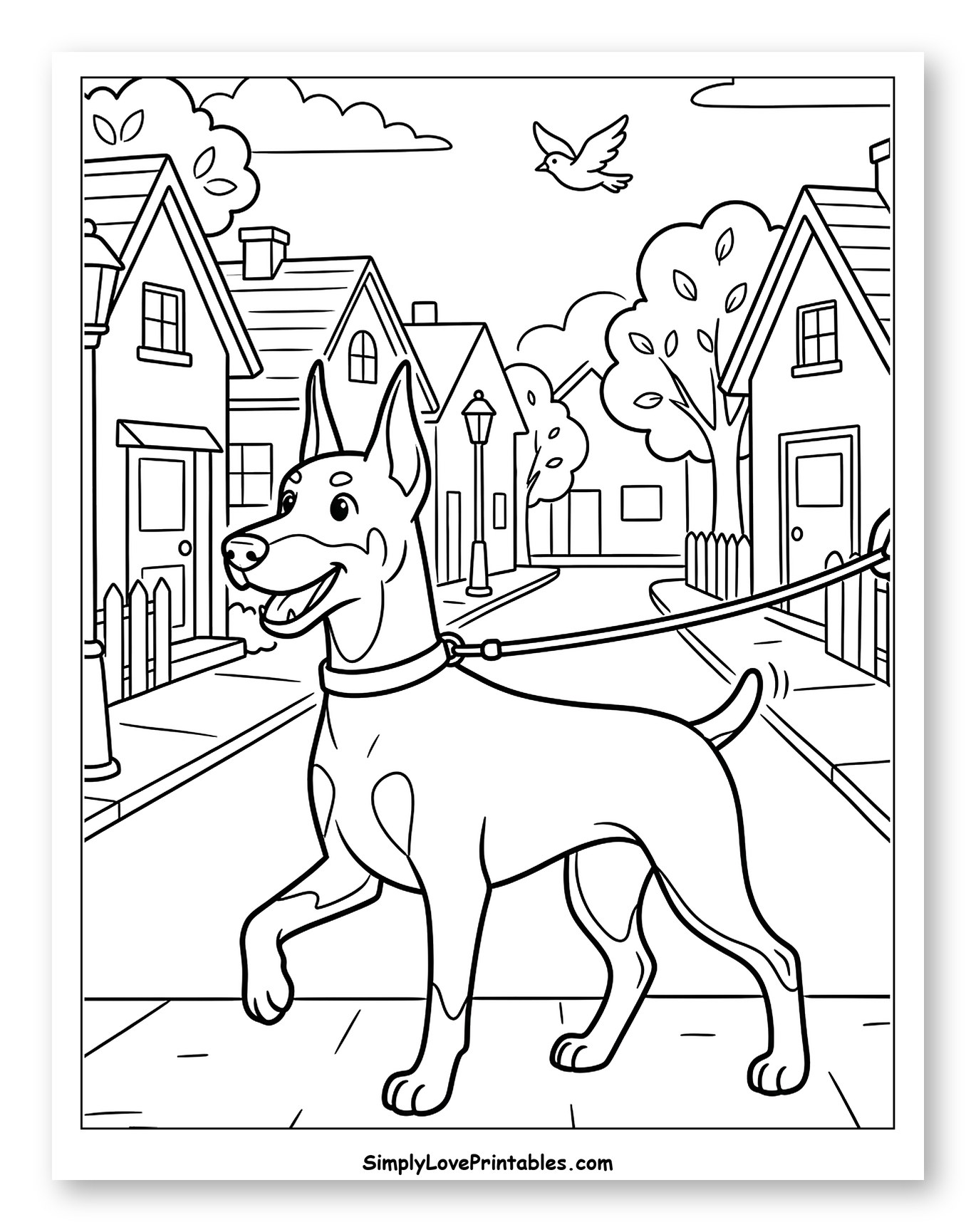 Happy Doberman Walking on Leash in Neighborhood Coloring Sheet for Kids
