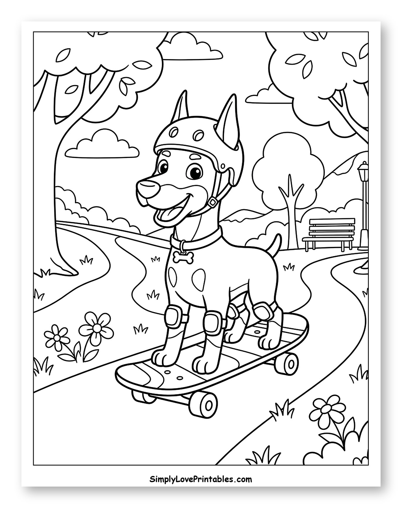 Happy Doberman Wearing Helmet Skateboarding in Park to Color for Kids