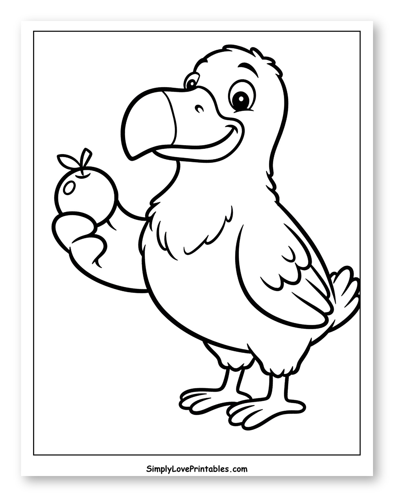 Happy Dodo Bird Holding an Apple Coloring Page for Toddlers