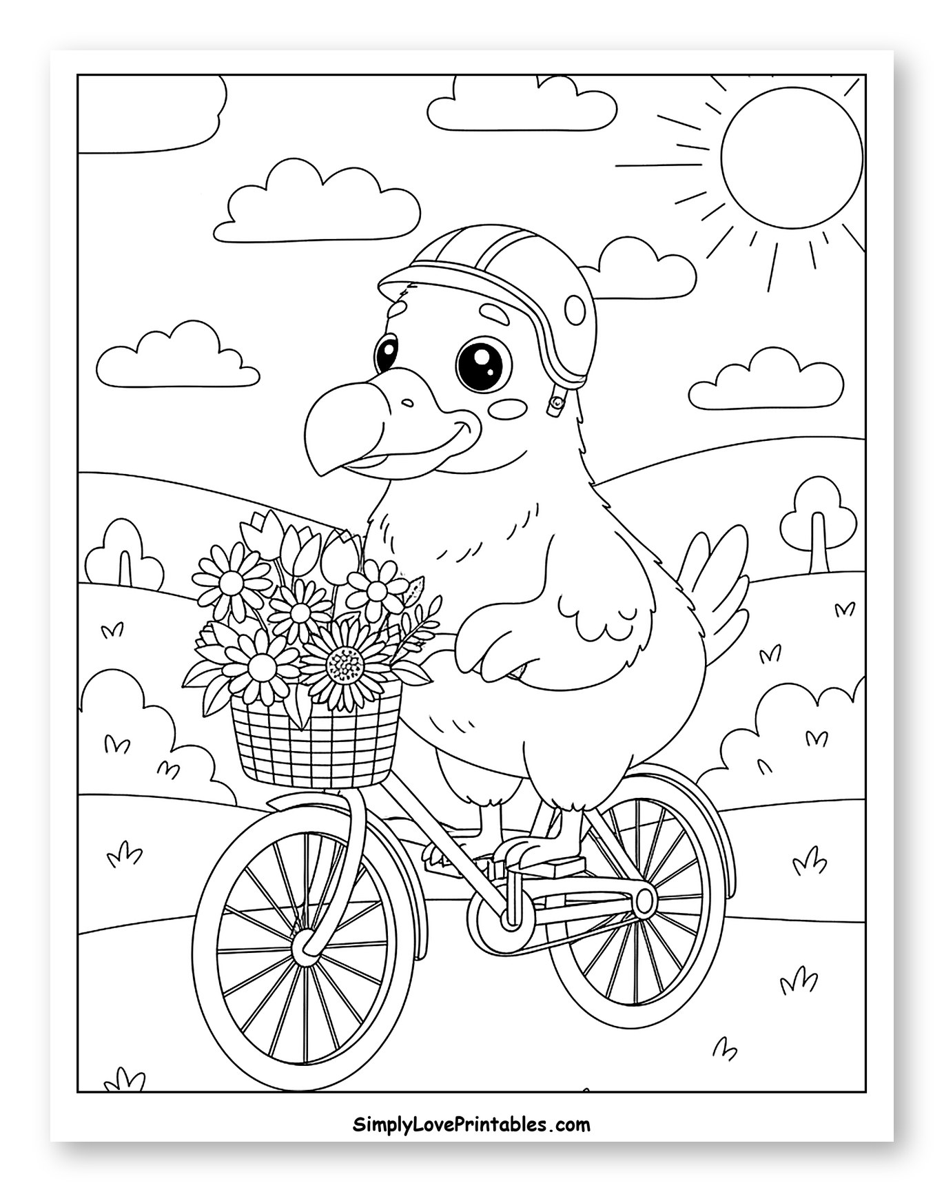 Happy Dodo Bird Riding Bicycle with Flowers