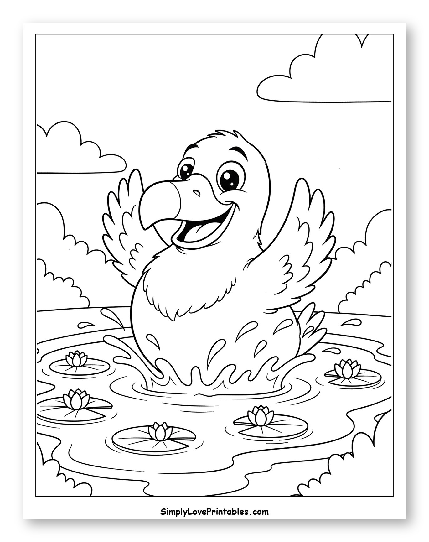 Happy Dodo Bird Splashing in Pond Coloring Page for Kids