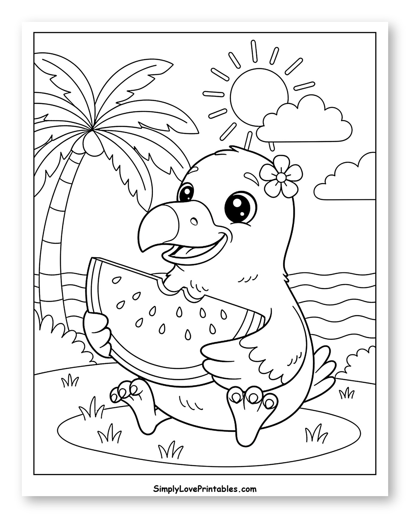 Happy Dodo Enjoying Watermelon by Ocean