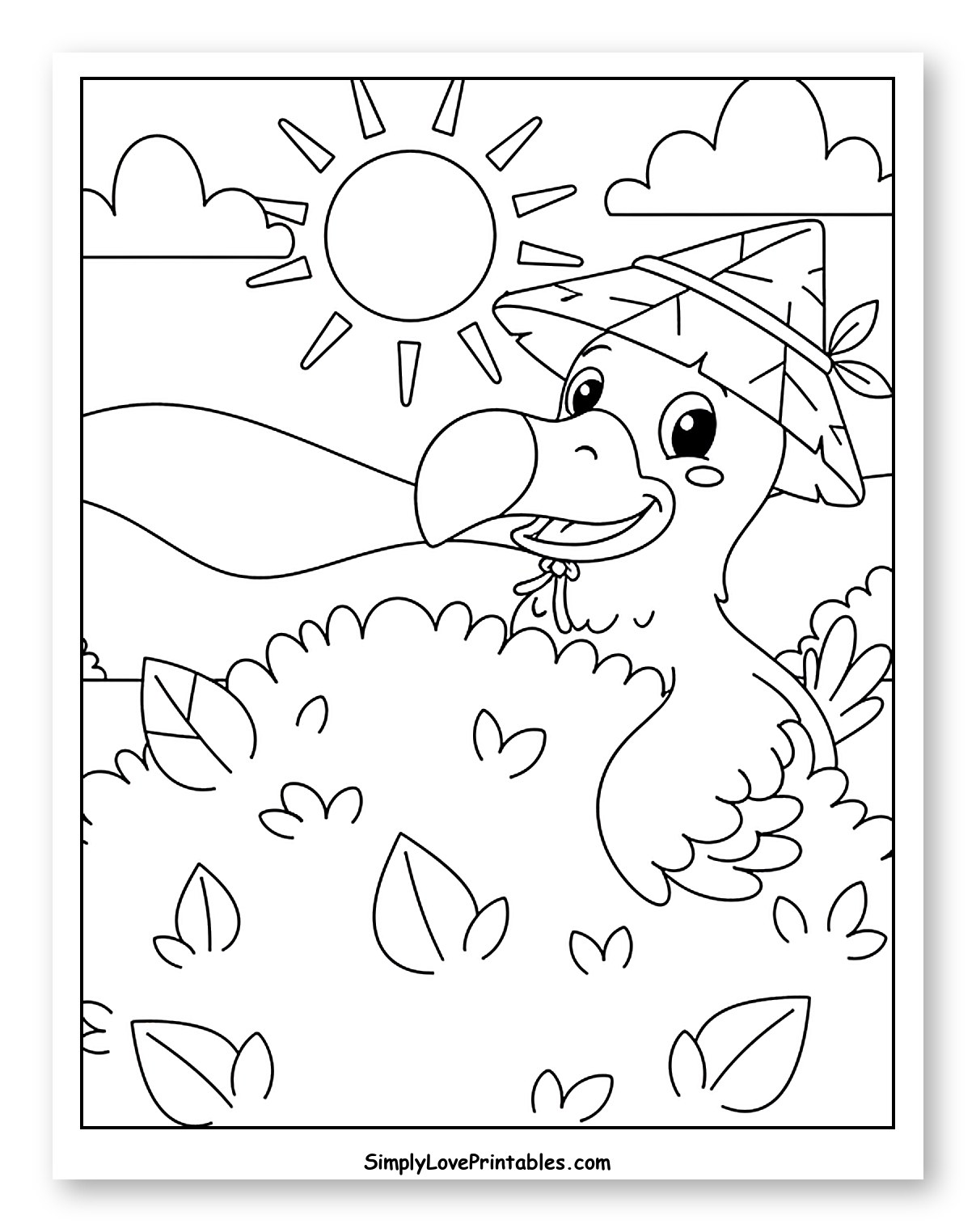 Happy Dodo Wearing a Hat in Nature Coloring Sheet for Kids