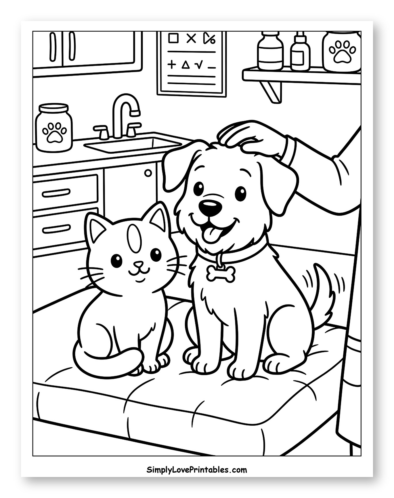 Happy Dog and Cat at the Vet Coloring Sheet for Kids