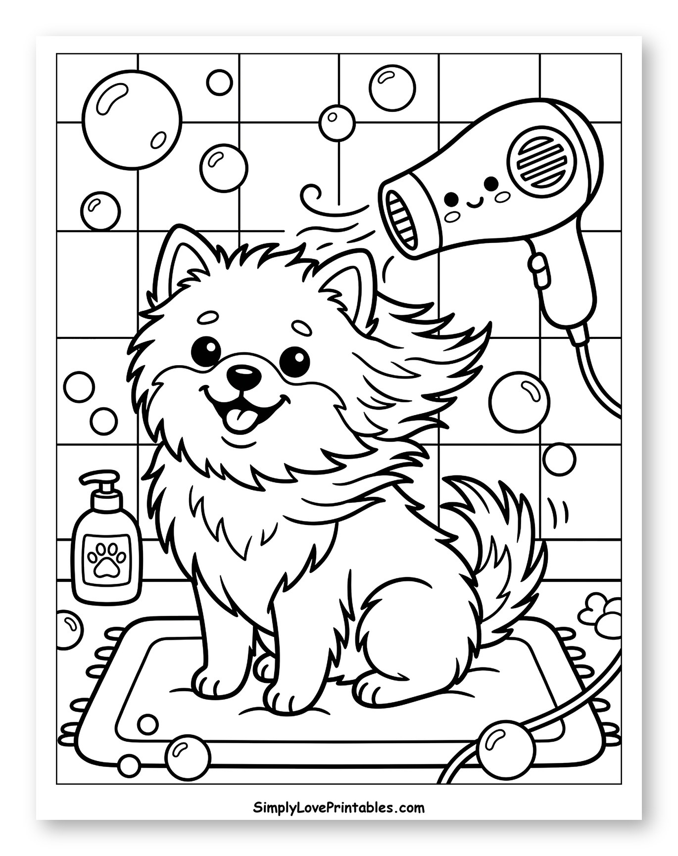 Happy Dog and Hair Dryer After Bath Coloring Page for Kids