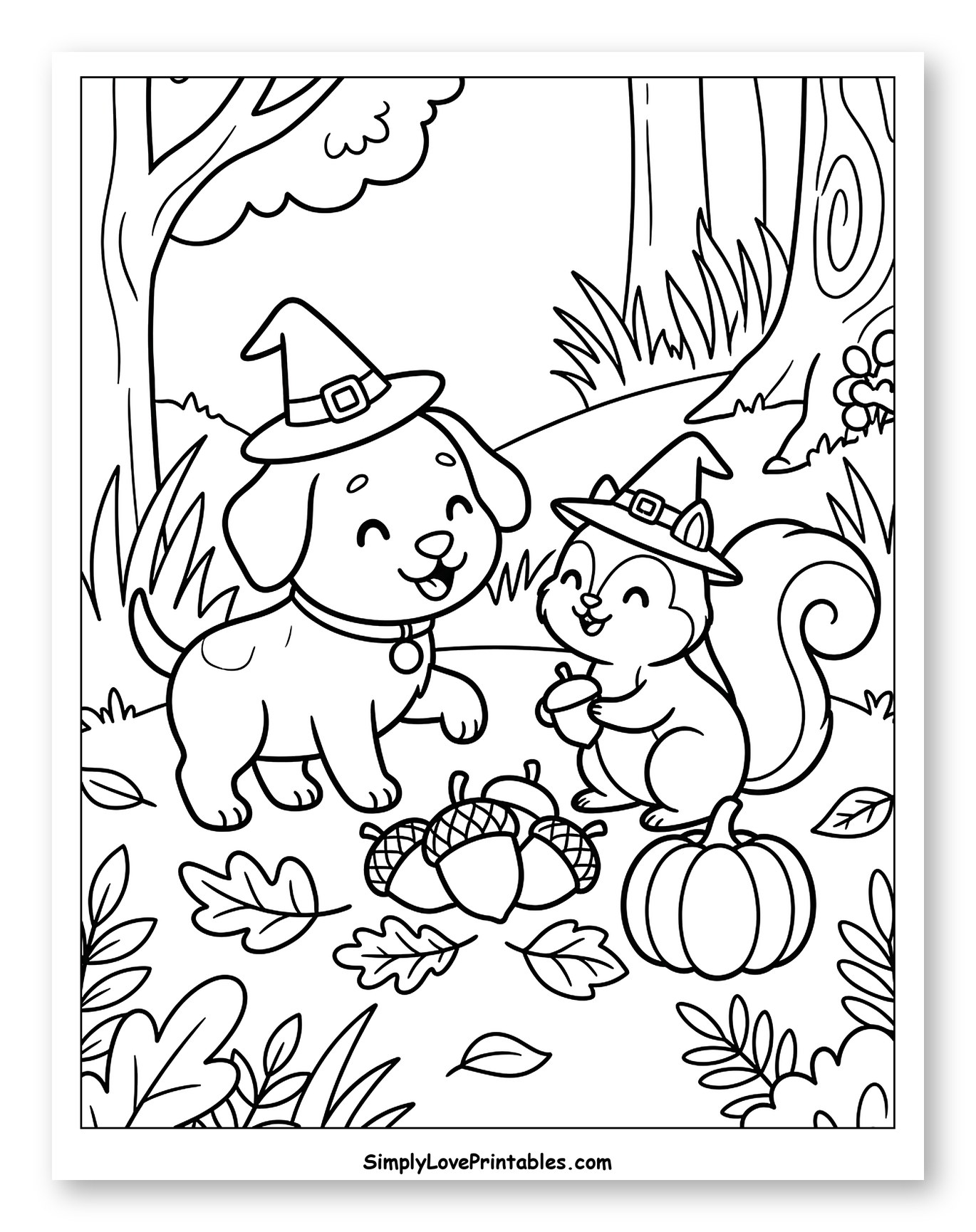 Happy Dog and Squirrel in Autumn Forest Coloring Sheet for Kids
