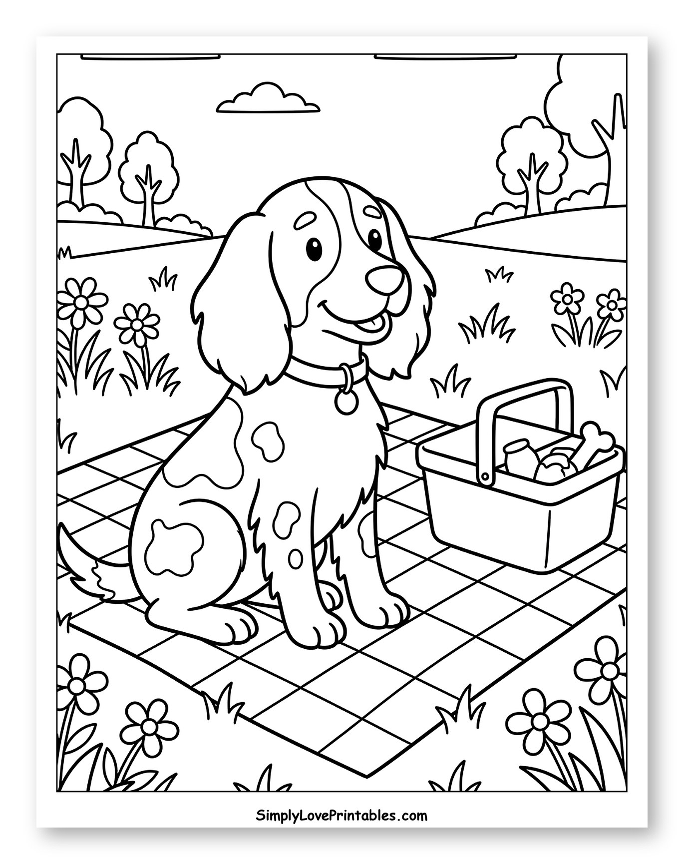 Happy Dog at Picnic in Park to Color for Kids