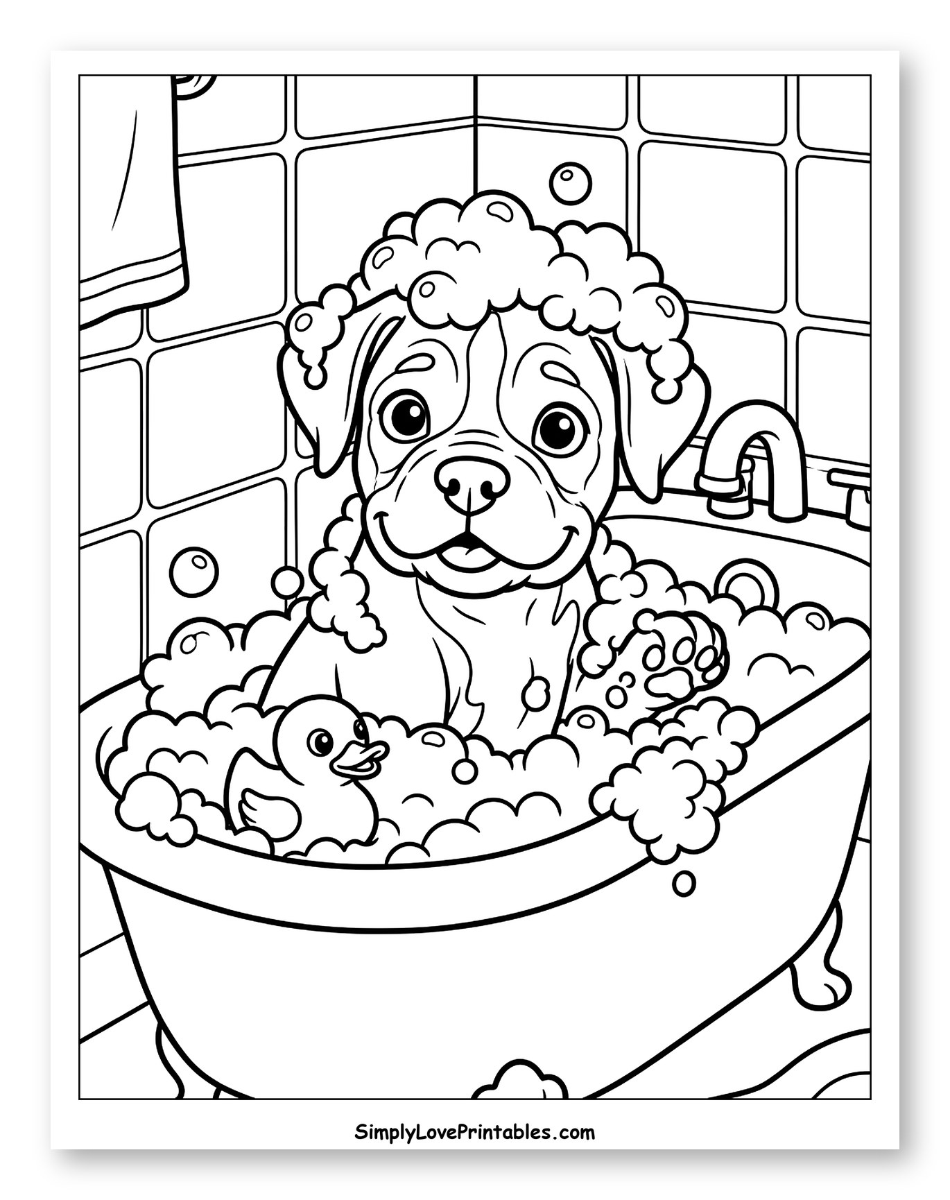 Happy Dog Bath Time with Bubbles and Duck Coloring Page for Kids