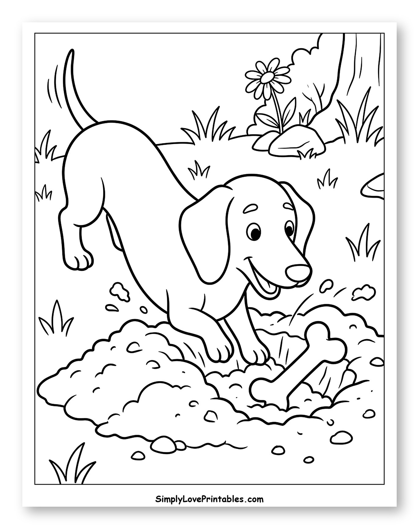 Happy Dog Digging for a Bone to Color for Kids