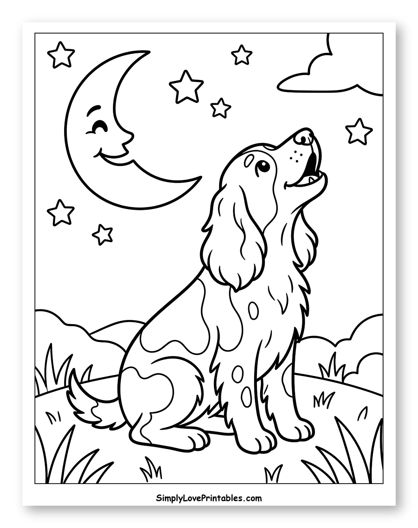 Happy Dog Howling at Smiling Moon and Stars Coloring Page for Kids