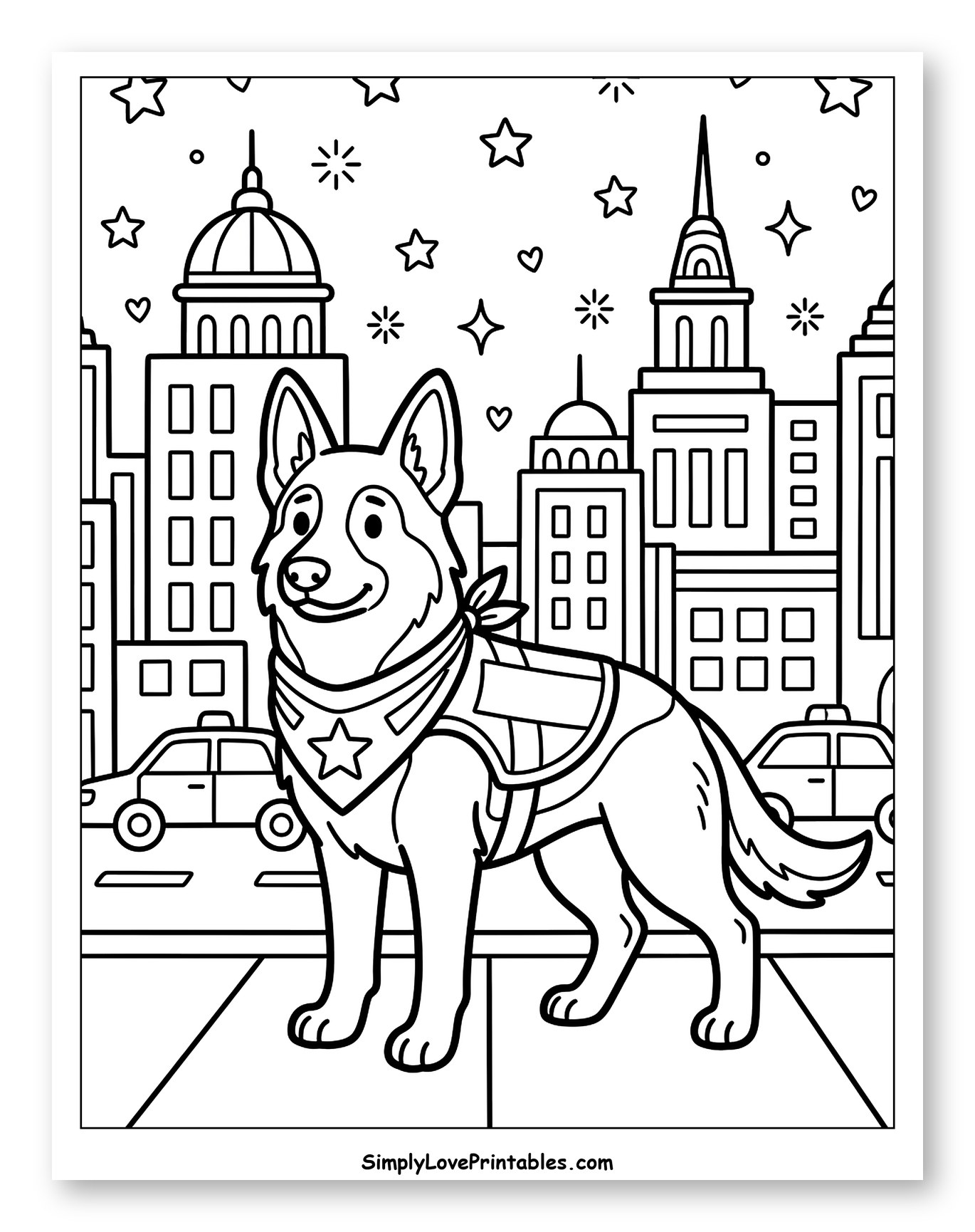 Happy Dog in a Starry City Scene Coloring Sheet for Adults