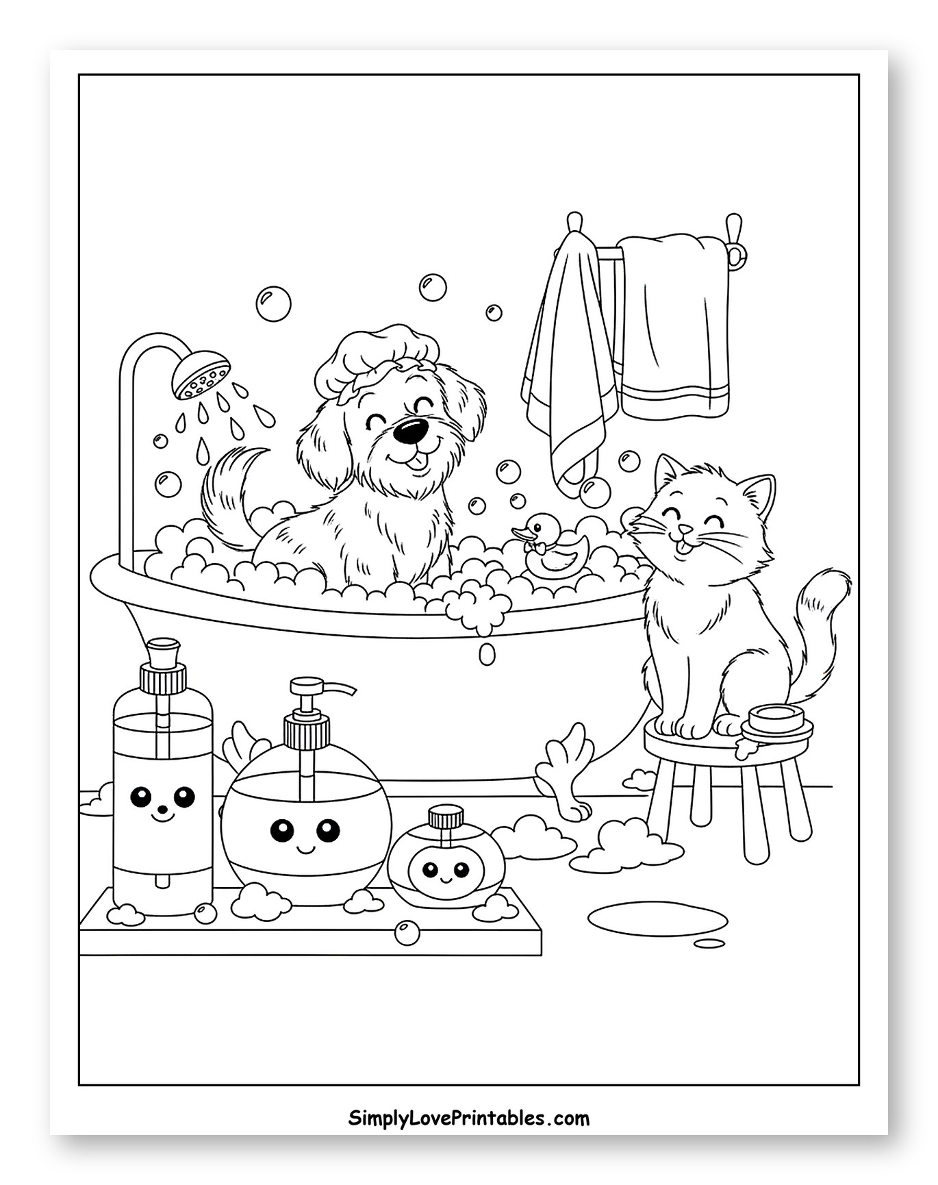 Happy Dog in Bathtub with Cat Coloring Sheet for Kids