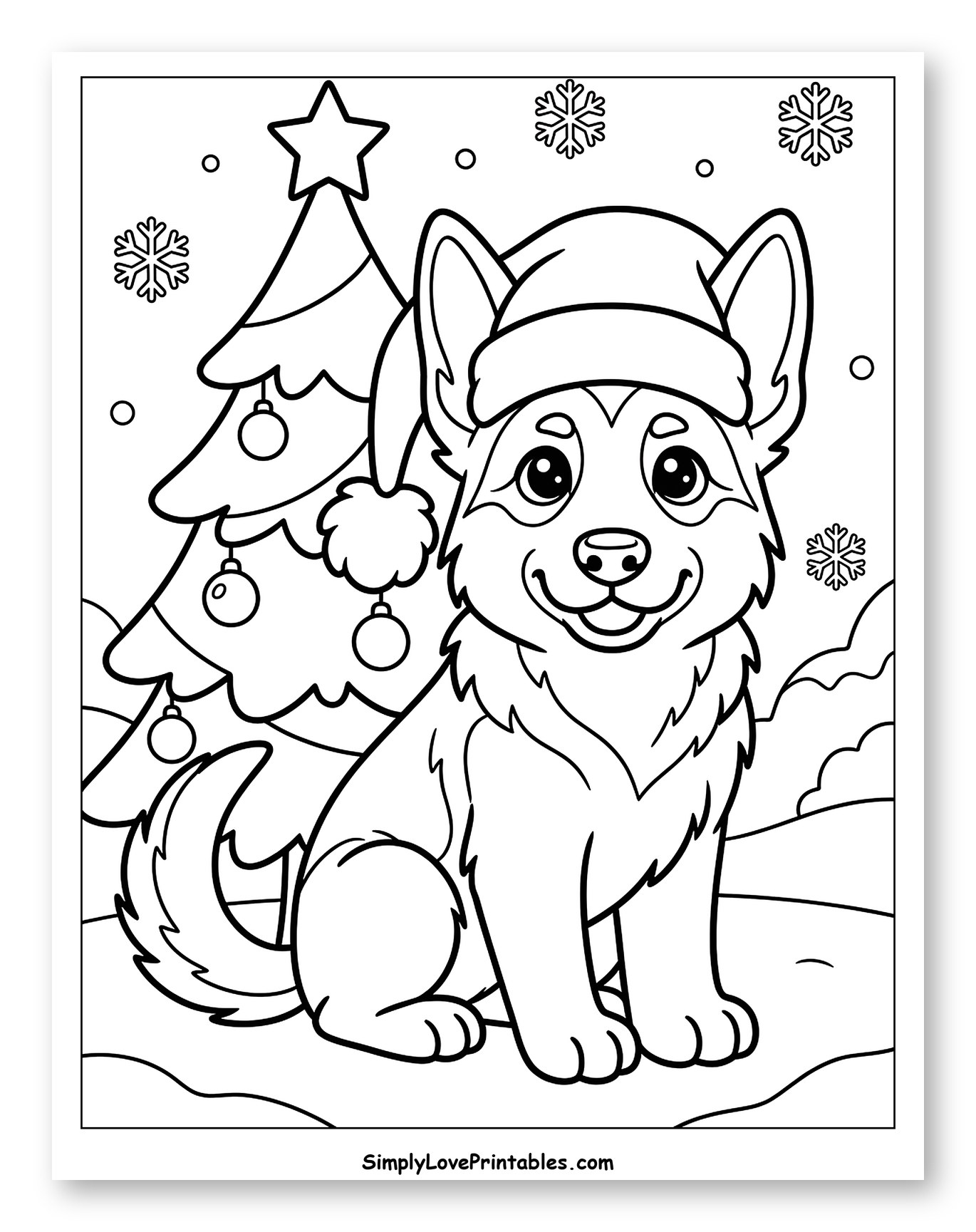 Happy Dog in Santa Hat by Christmas Tree Coloring Sheet for Kids