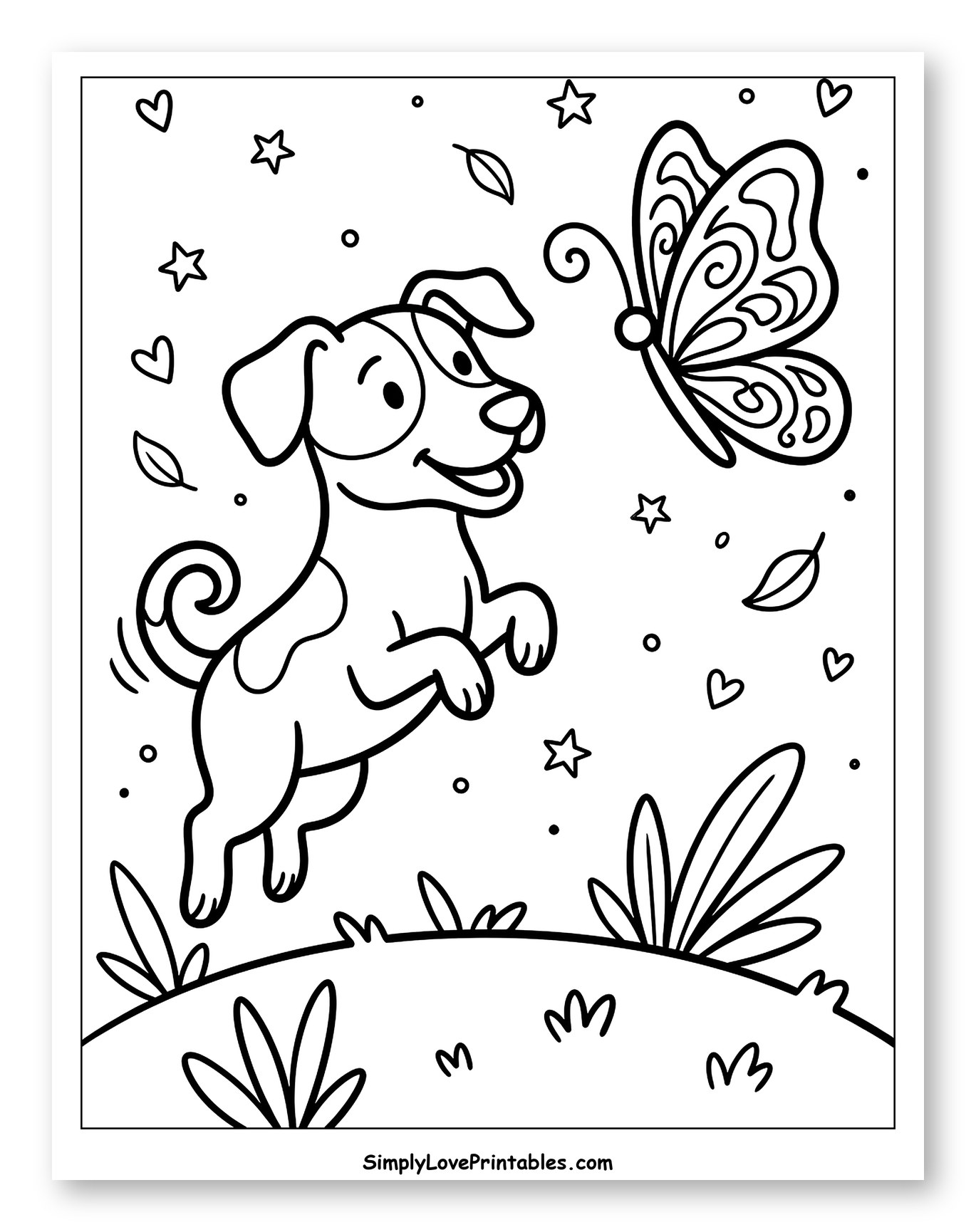 Happy Dog Jumps for a Butterfly to Color for Adults