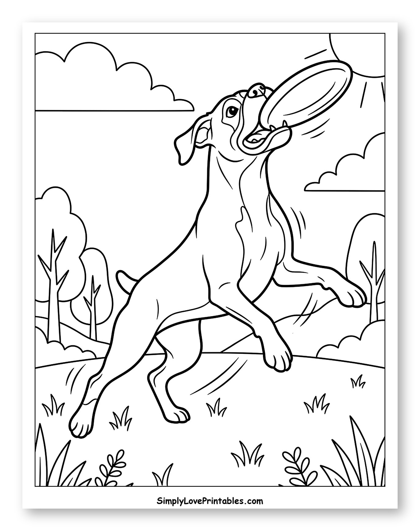 Happy Dog Leaping for a Frisbee to Color for Kids