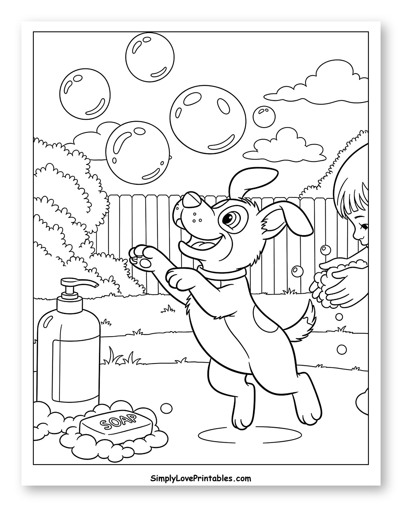 Happy Dog Playing with Bubbles and Soap to Color for Kids