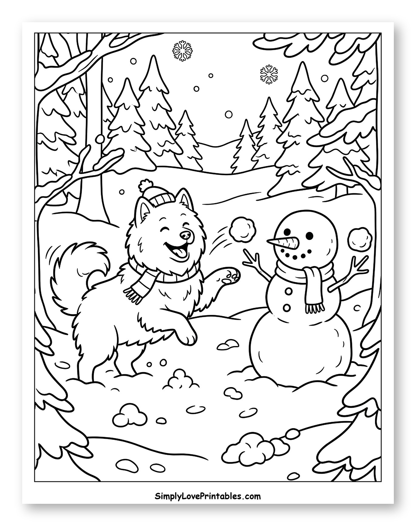 Happy Dog Playing with Snowman in Winter Forest to Color for Kids