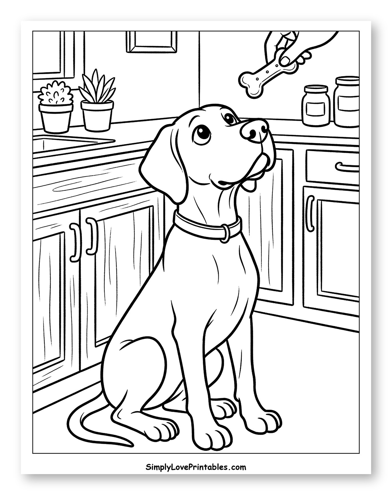 Happy Dog Receiving a Bone Treat in Kitchen Coloring Sheet for Kids