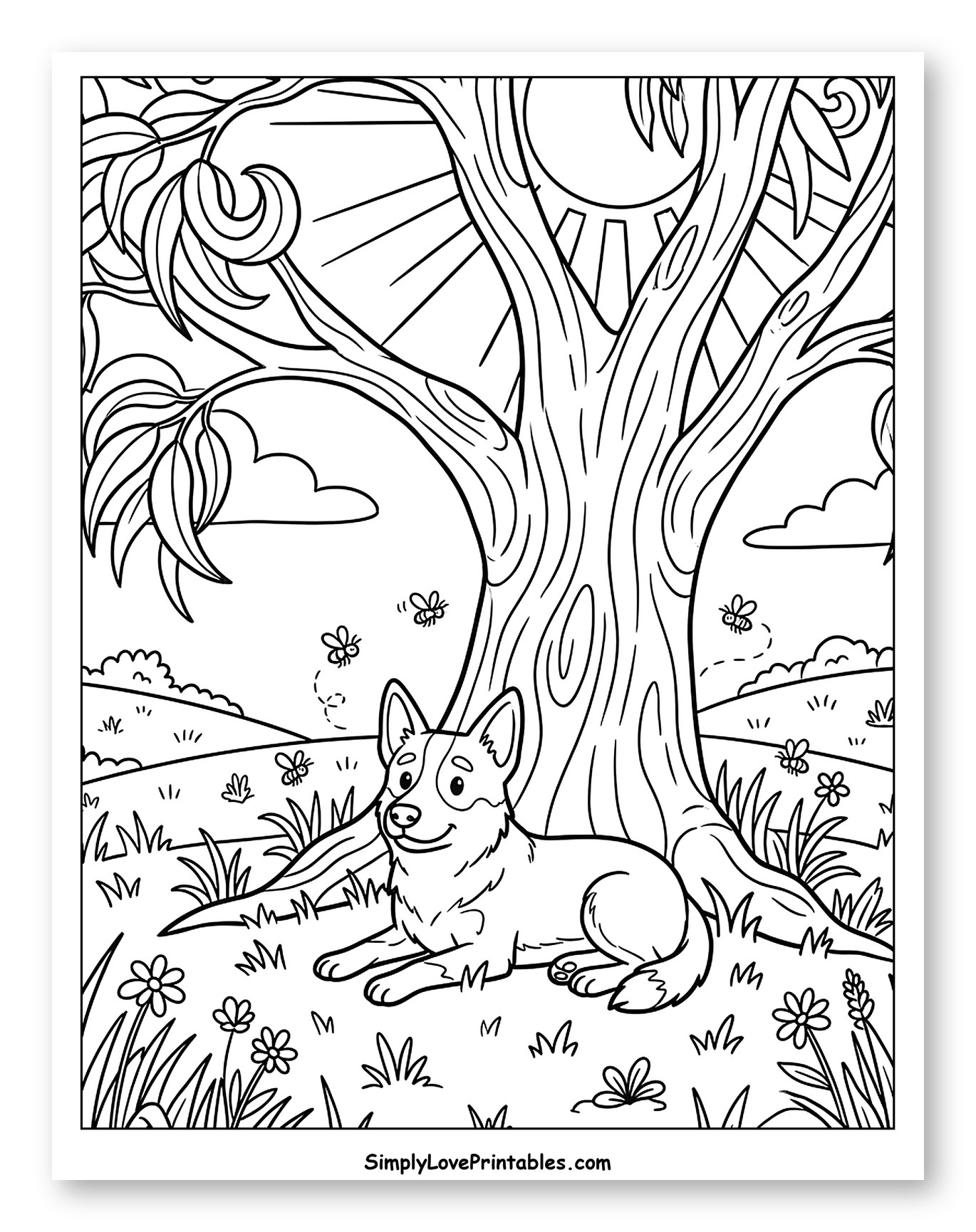 Happy Dog Resting Under a Shaded Tree Coloring Page for Kids