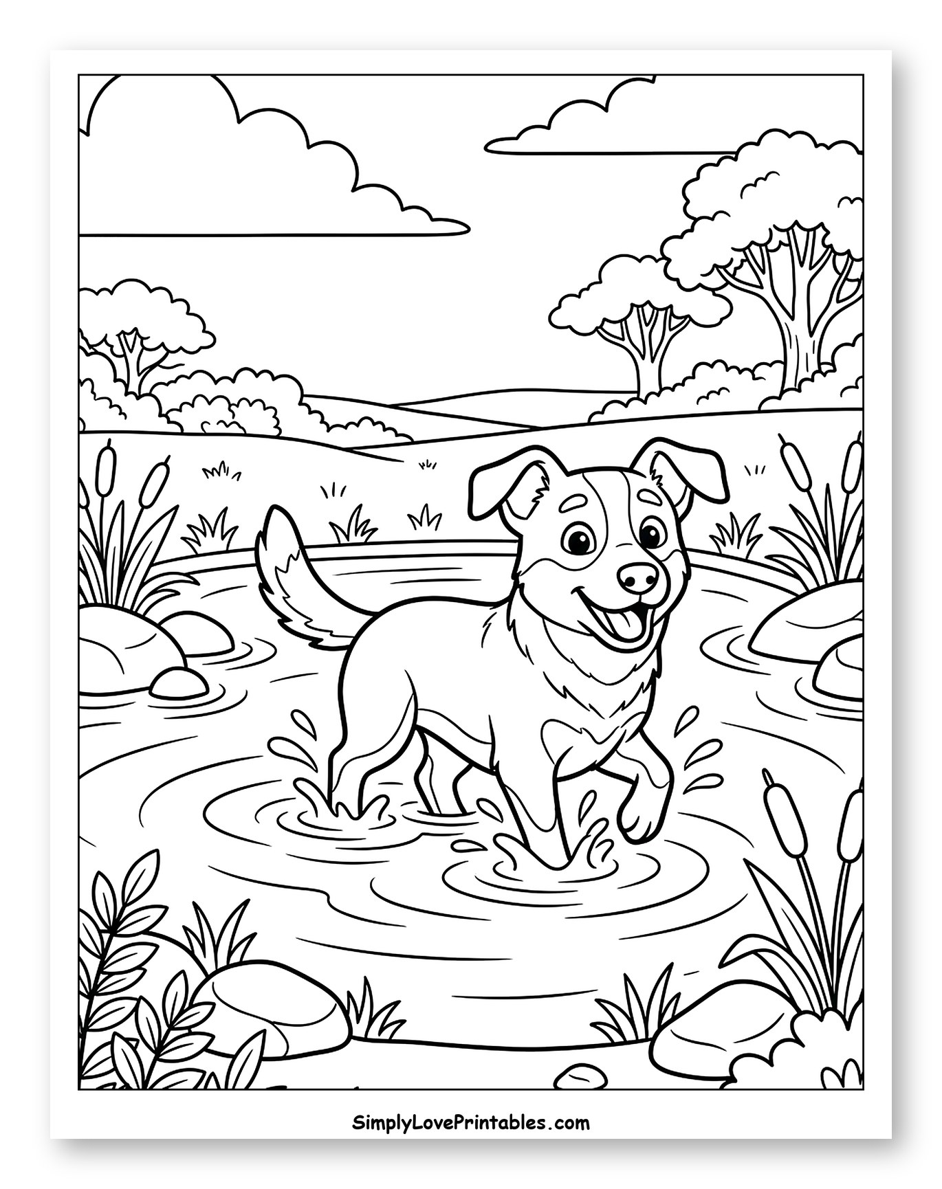 Happy Dog Splashing in a Pond Coloring Page for Kids