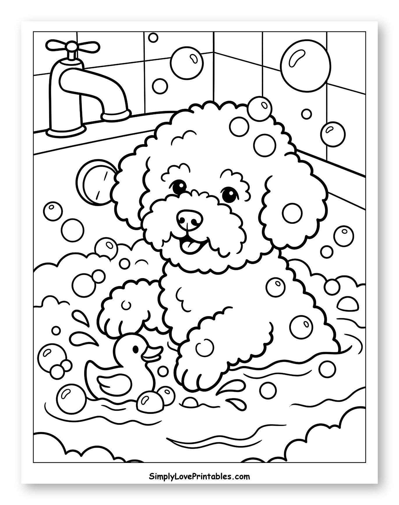 Happy Dog Taking a Bubble Bath with Ducky to Color for Kids