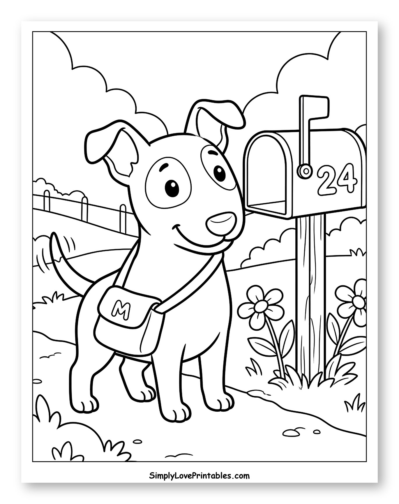 Happy Dog with Satchel Standing by Mailbox Coloring Sheet for Kids
