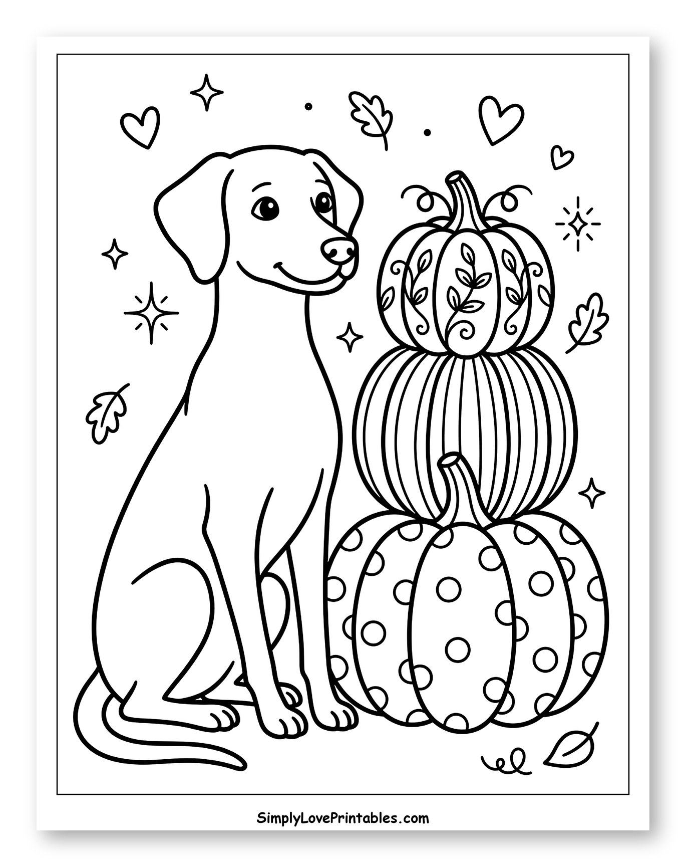 Happy Dog with Three Decorated Pumpkins